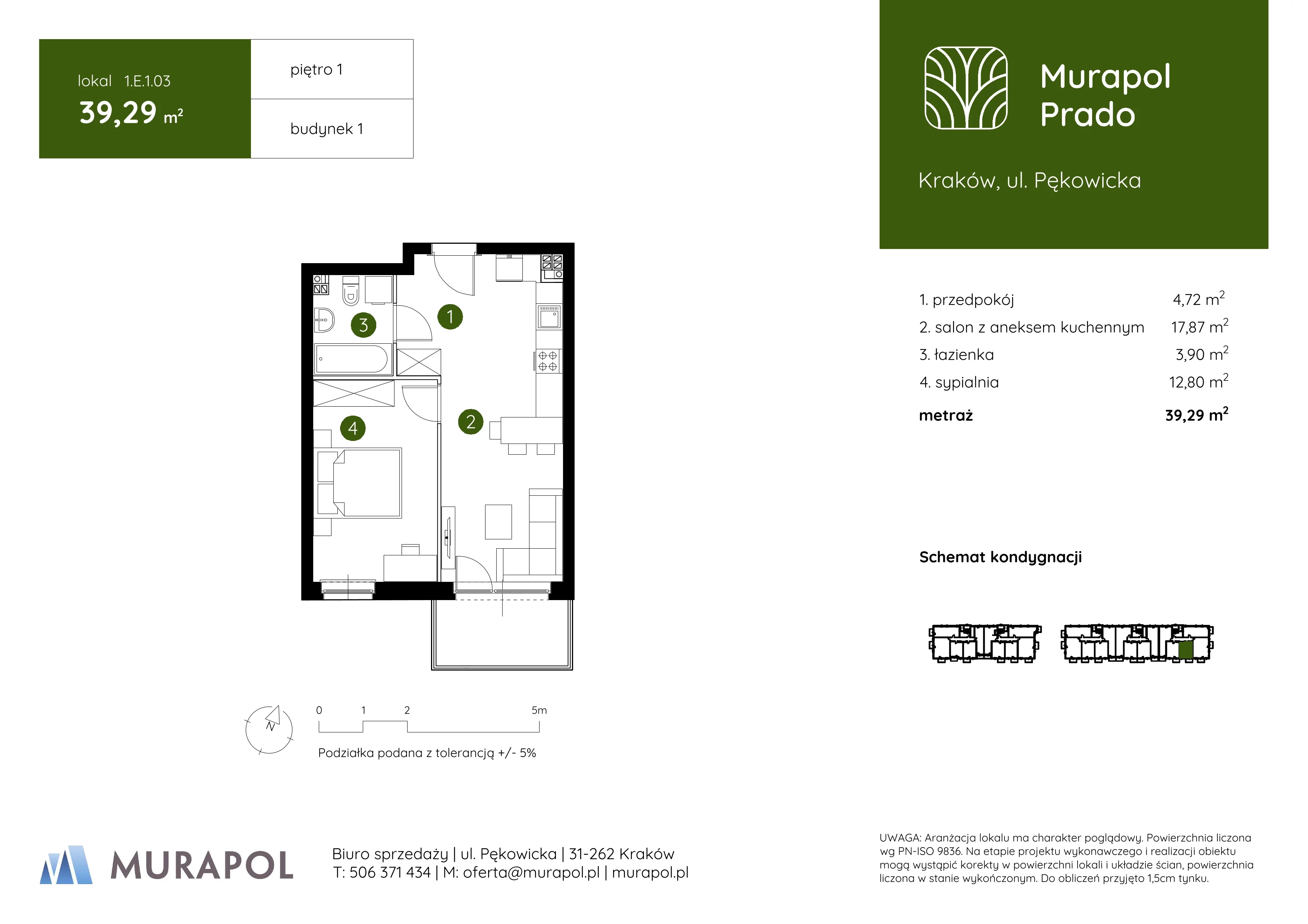 2 pokoje, mieszkanie 39,29 m², piętro 1, oferta nr 1.E.1.03, Murapol Prado, Kraków, Prądnik Biały, ul. Piaszczysta