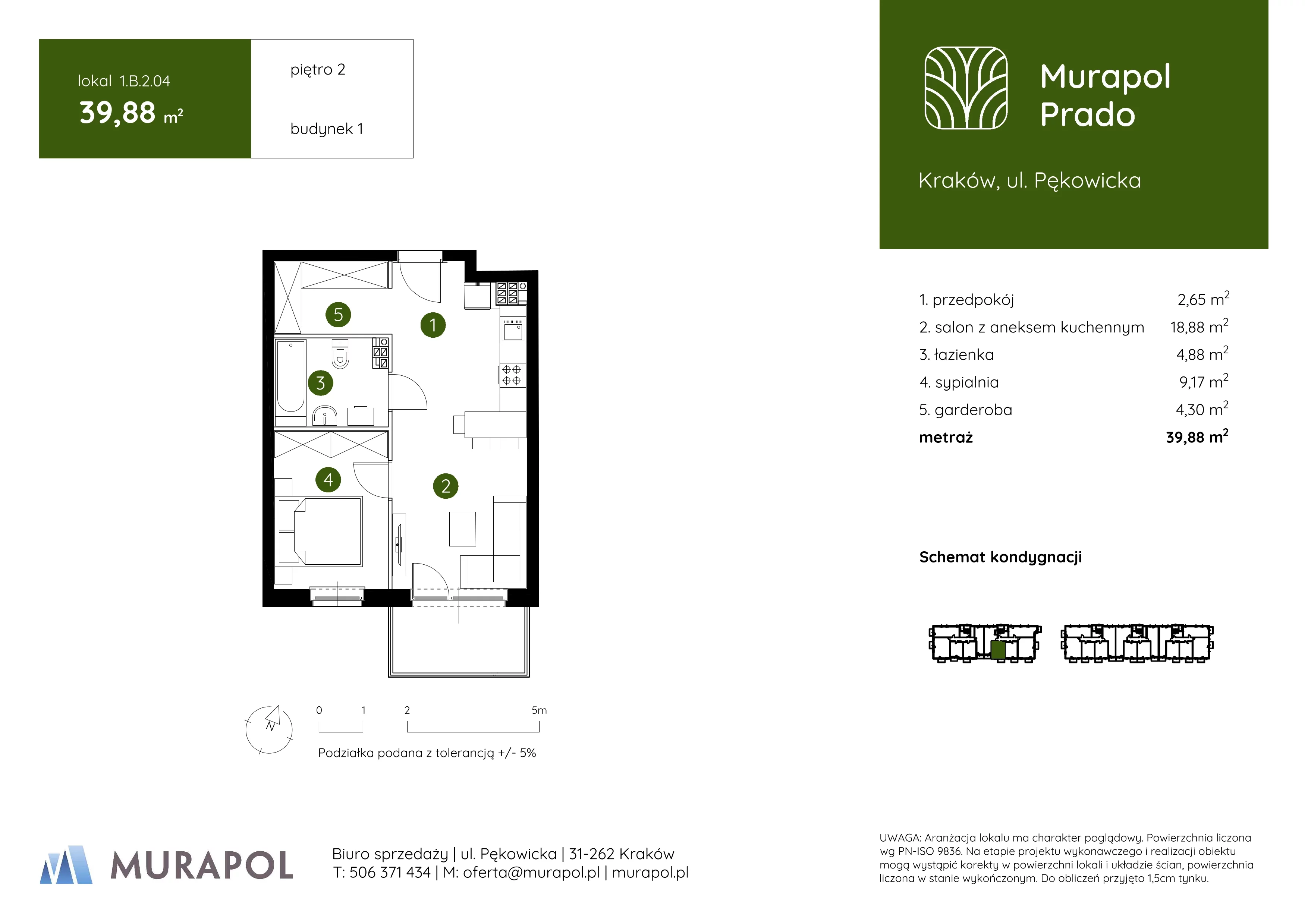 2 pokoje, mieszkanie 39,88 m², piętro 2, oferta nr 1.B.2.04, Murapol Prado, Kraków, Prądnik Biały, ul. Piaszczysta