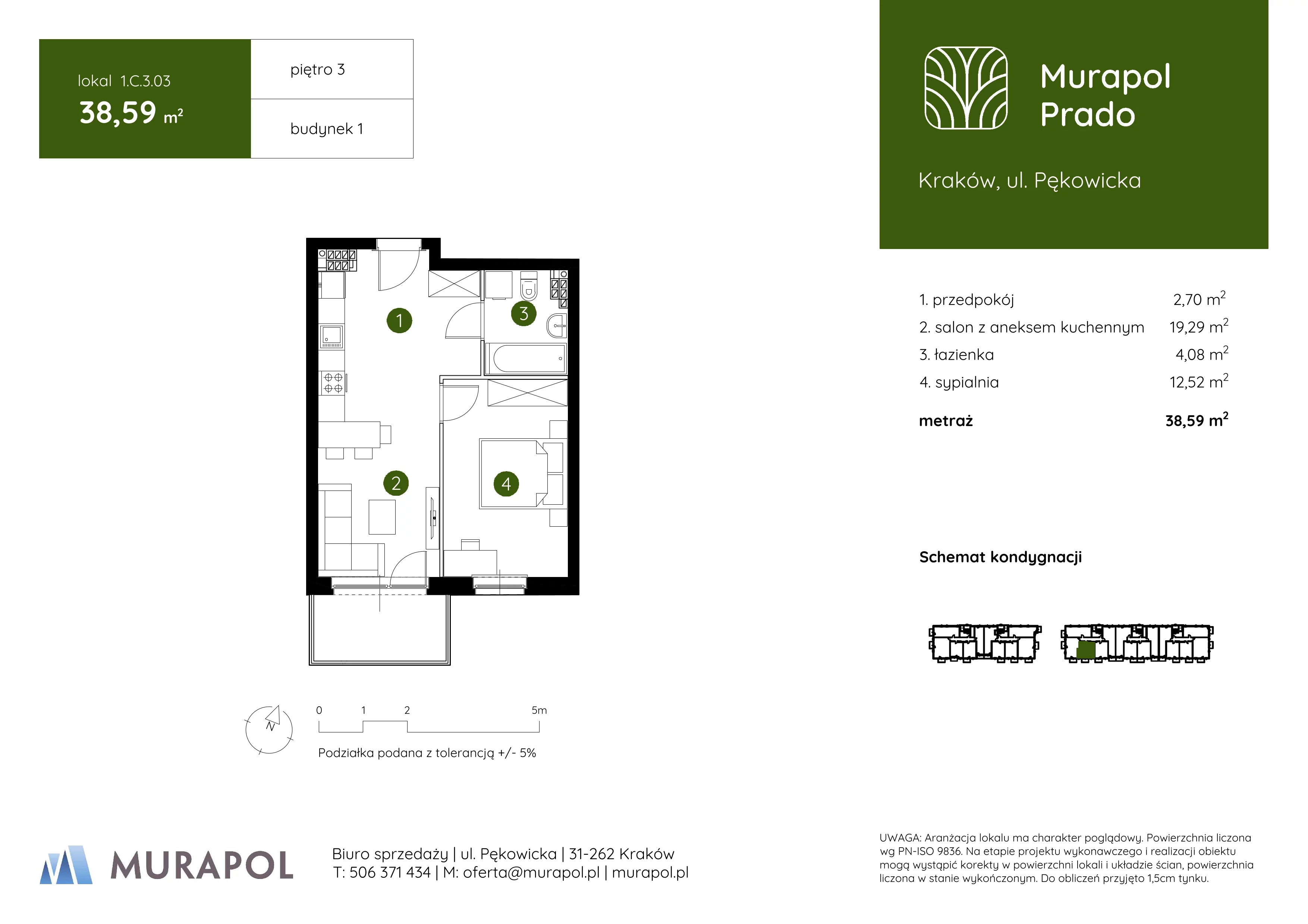 2 pokoje, mieszkanie 38,59 m², piętro 3, oferta nr 1.C.3.03, Murapol Prado, Kraków, Prądnik Biały, ul. Piaszczysta