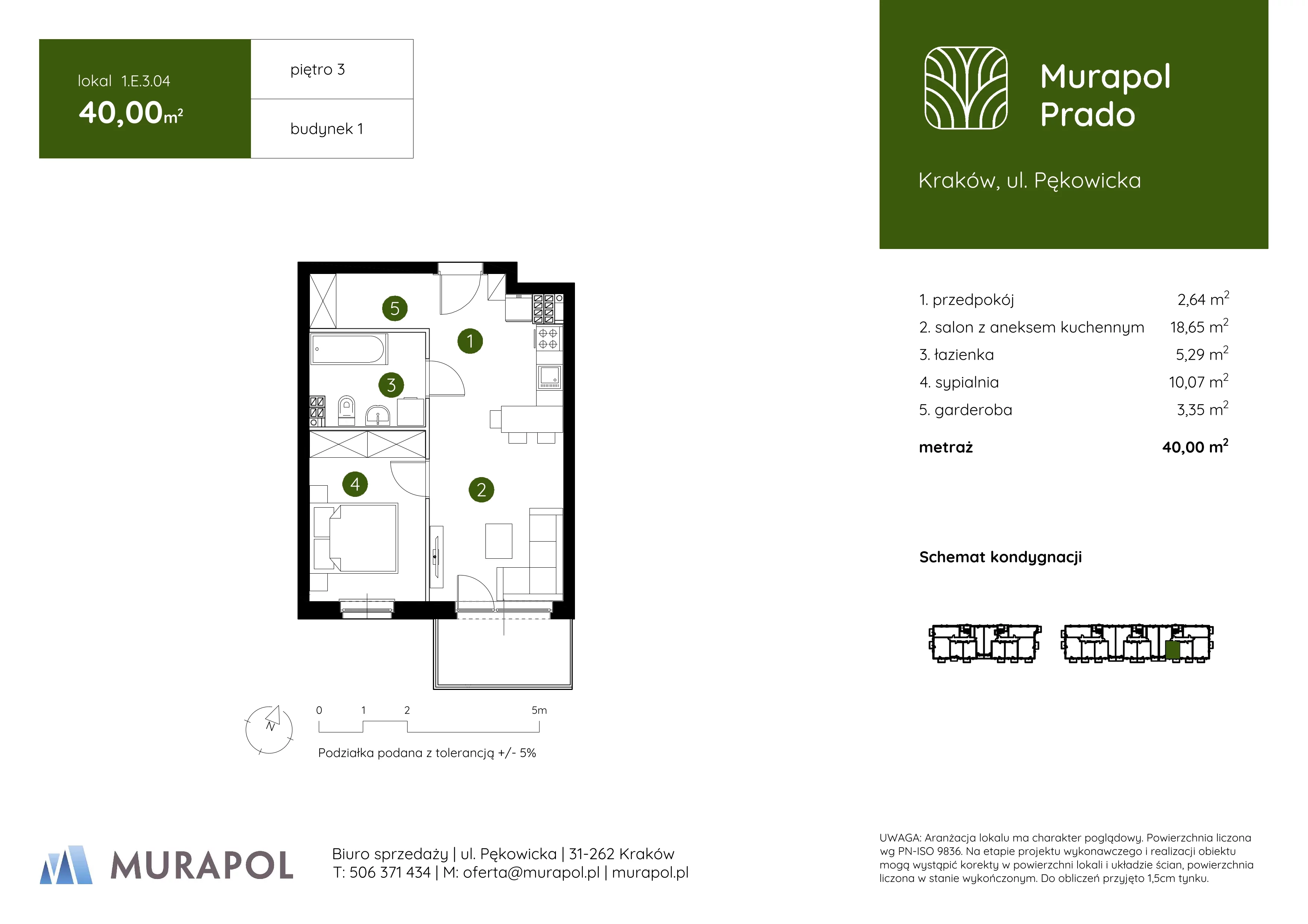 2 pokoje, mieszkanie 40,00 m², piętro 3, oferta nr 1.E.3.04, Murapol Prado, Kraków, Prądnik Biały, ul. Piaszczysta