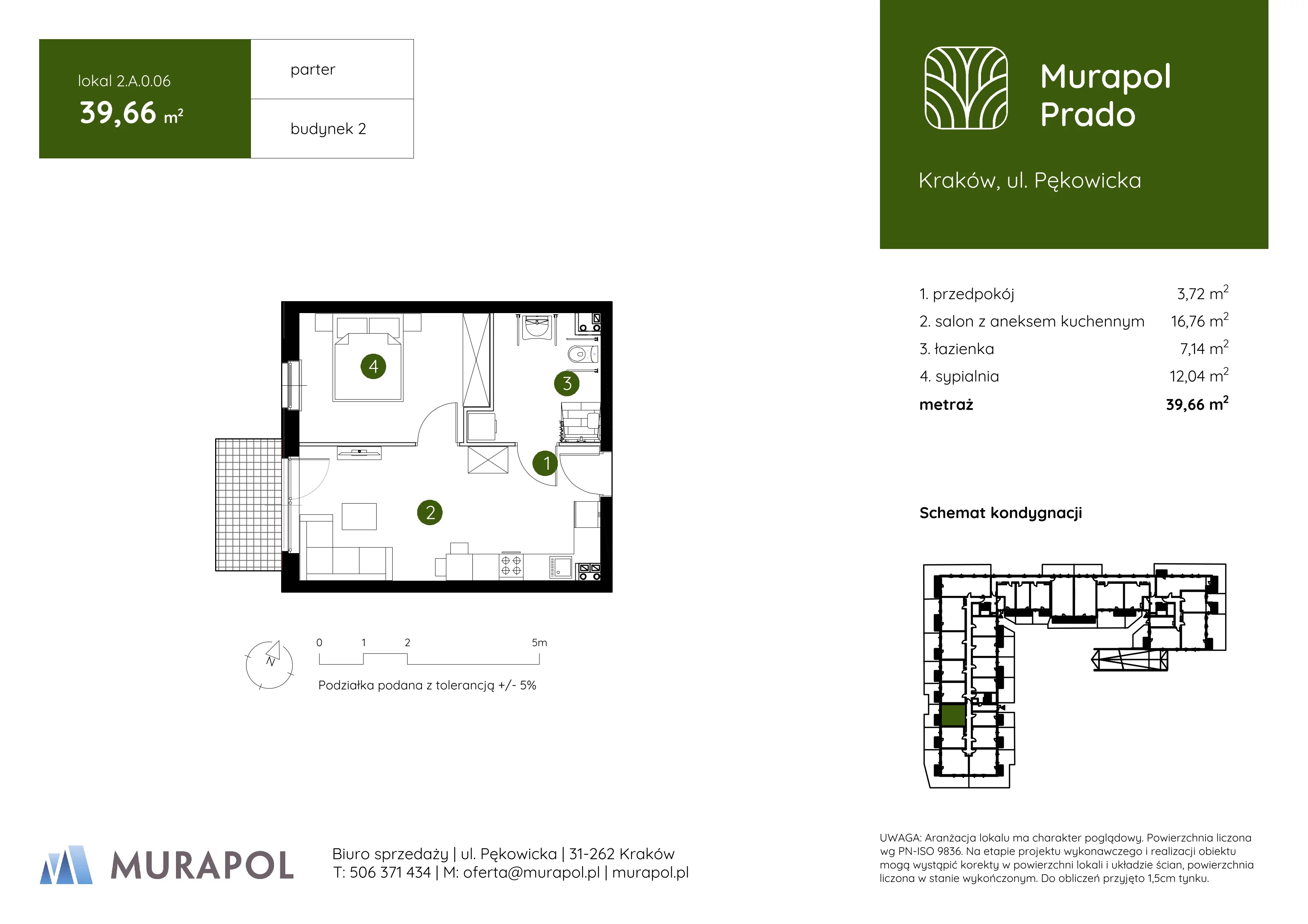 2 pokoje, mieszkanie 39,66 m², parter, oferta nr 2.A.0.06, Murapol Prado, Kraków, Prądnik Biały, ul. Piaszczysta