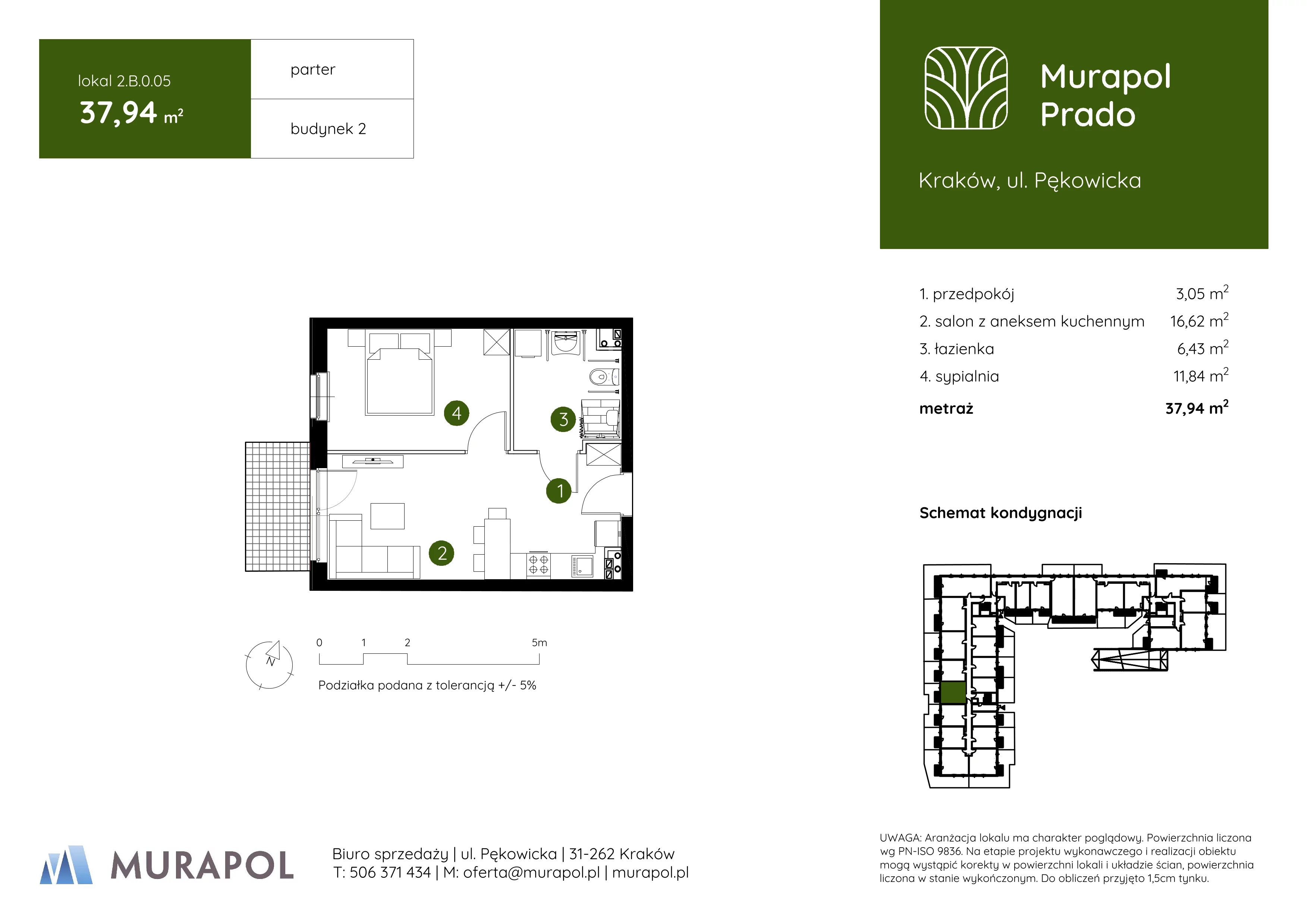 2 pokoje, mieszkanie 37,94 m², parter, oferta nr 2.B.0.05, Murapol Prado, Kraków, Prądnik Biały, ul. Piaszczysta