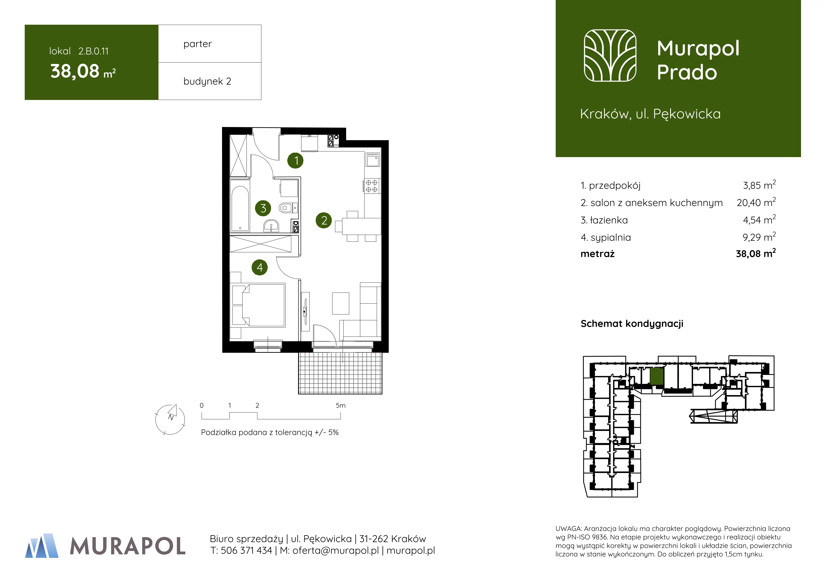 2 pokoje, mieszkanie 38,08 m², parter, oferta nr 2.B.0.11, Murapol Prado, Kraków, Prądnik Biały, ul. Piaszczysta