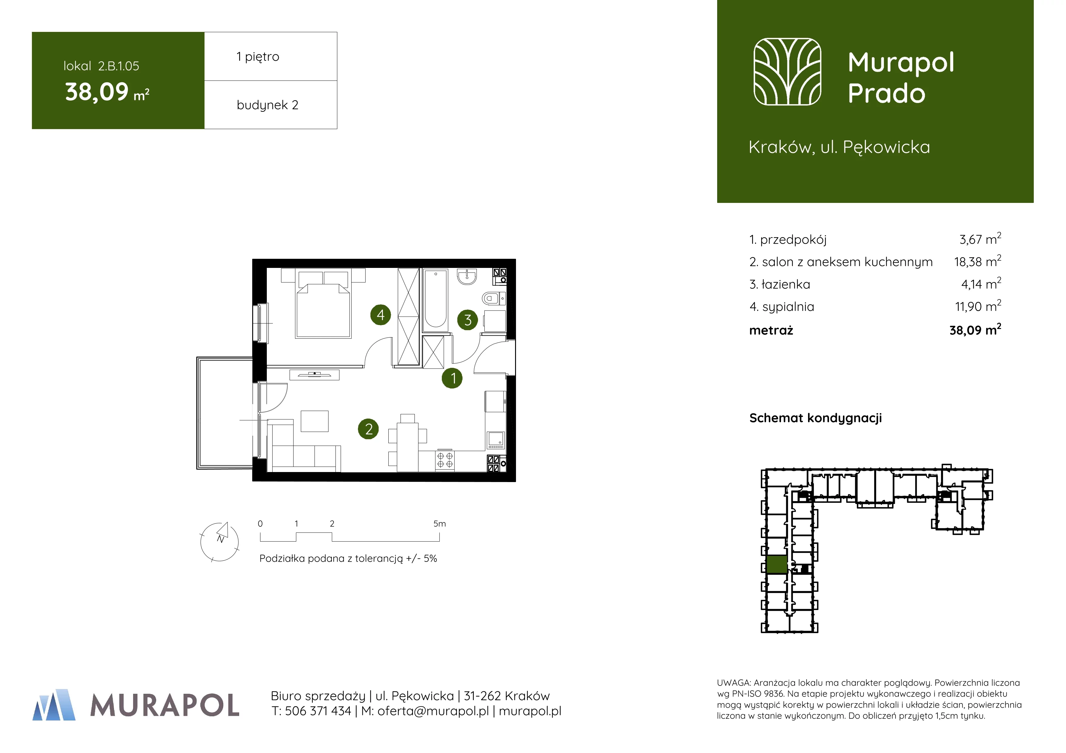 2 pokoje, mieszkanie 38,09 m², piętro 1, oferta nr 2.B.1.05, Murapol Prado, Kraków, Prądnik Biały, ul. Piaszczysta