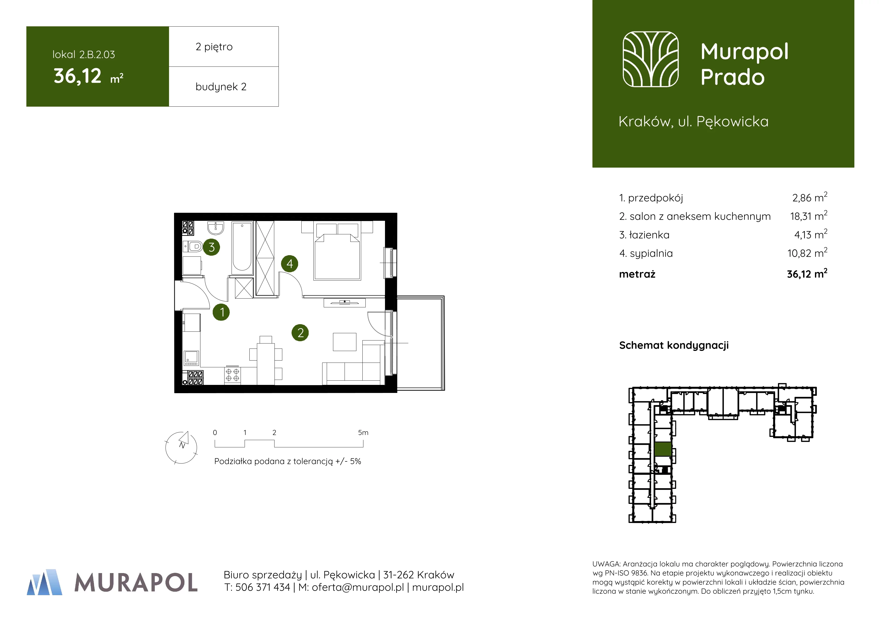 2 pokoje, mieszkanie 36,12 m², piętro 2, oferta nr 2.B.2.03, Murapol Prado, Kraków, Prądnik Biały, ul. Piaszczysta