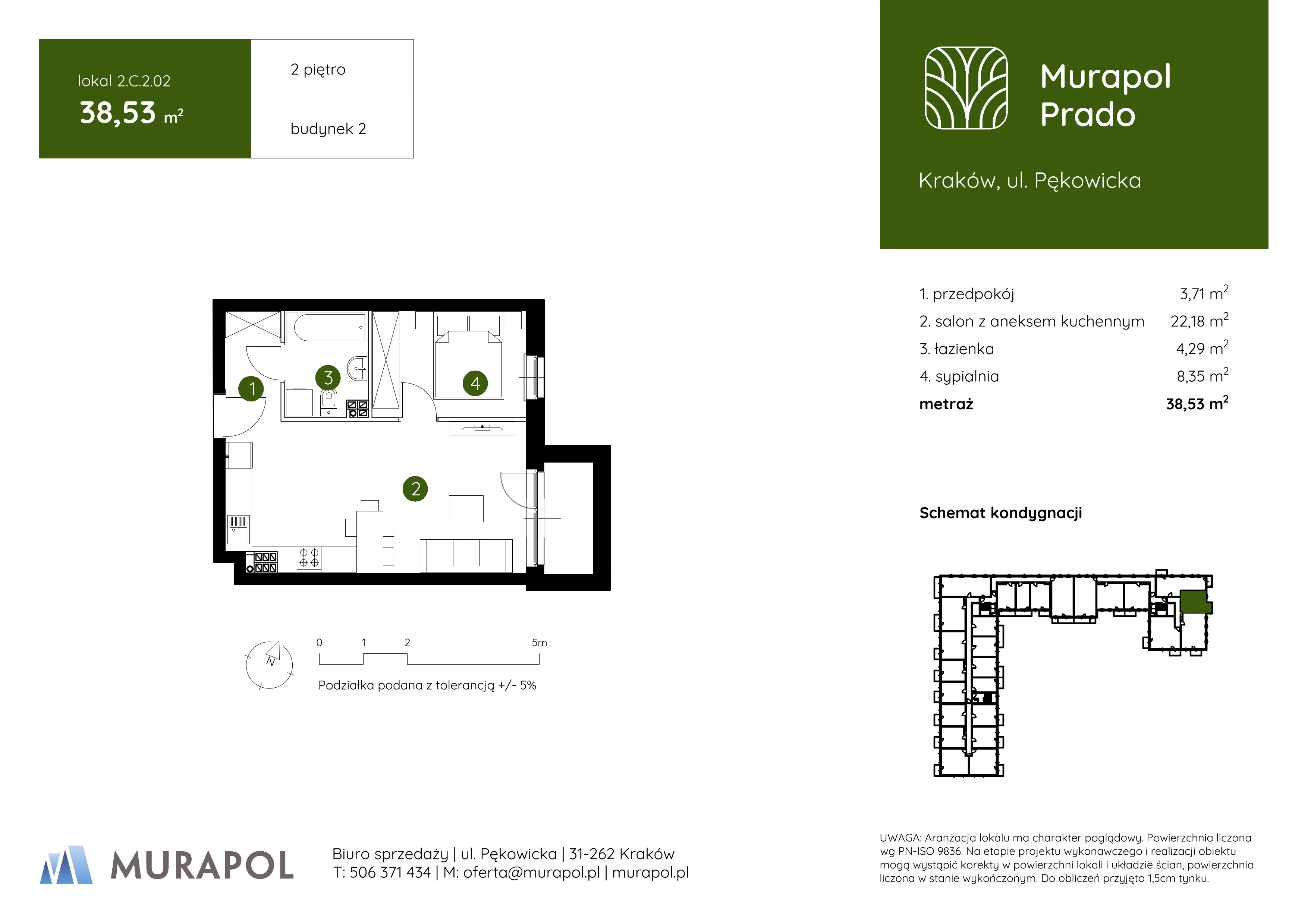 2 pokoje, mieszkanie 38,53 m², piętro 2, oferta nr 2.C.2.02, Murapol Prado, Kraków, Prądnik Biały, ul. Piaszczysta