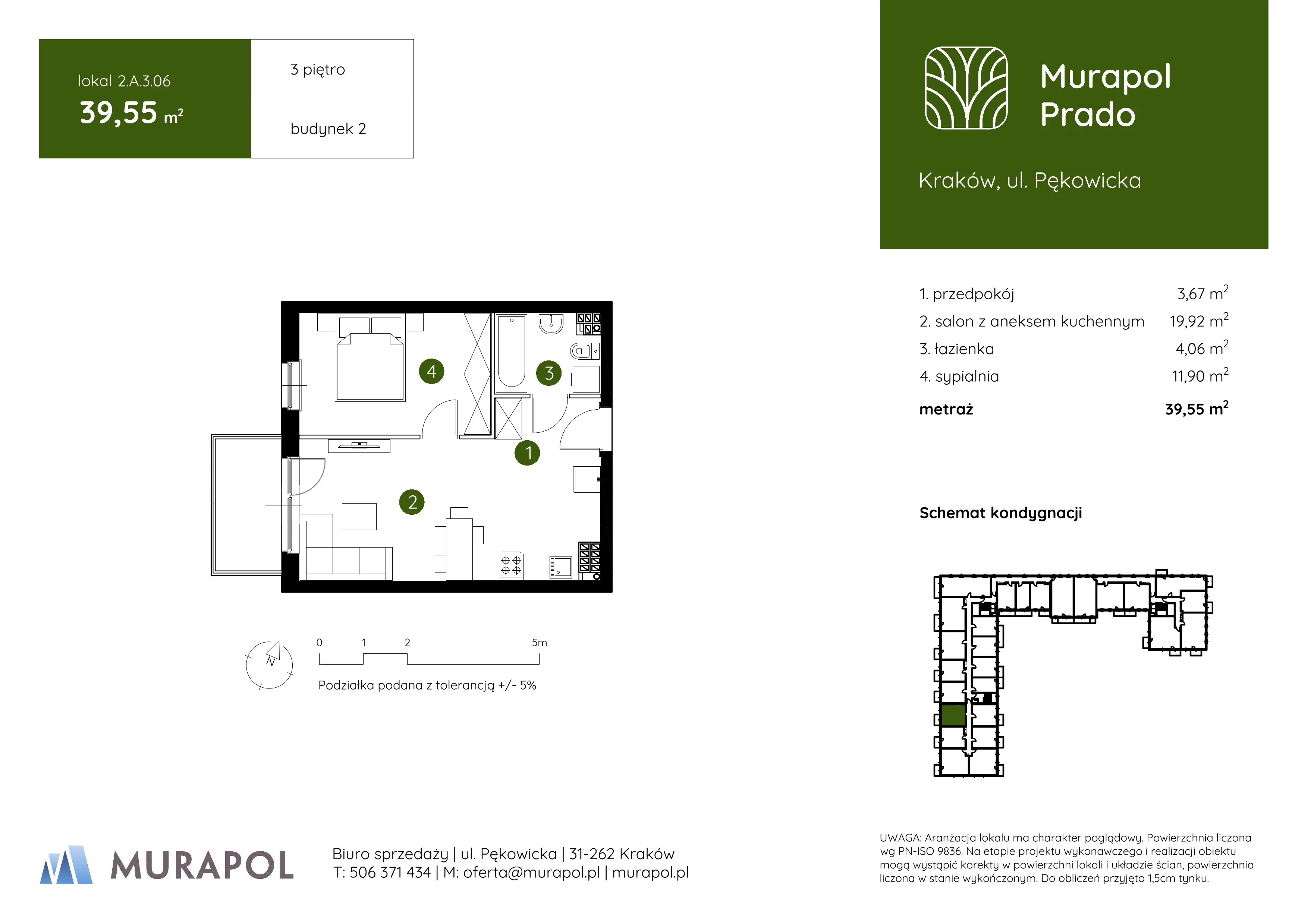 2 pokoje, mieszkanie 39,55 m², piętro 3, oferta nr 2.A.3.06, Murapol Prado, Kraków, Prądnik Biały, ul. Piaszczysta