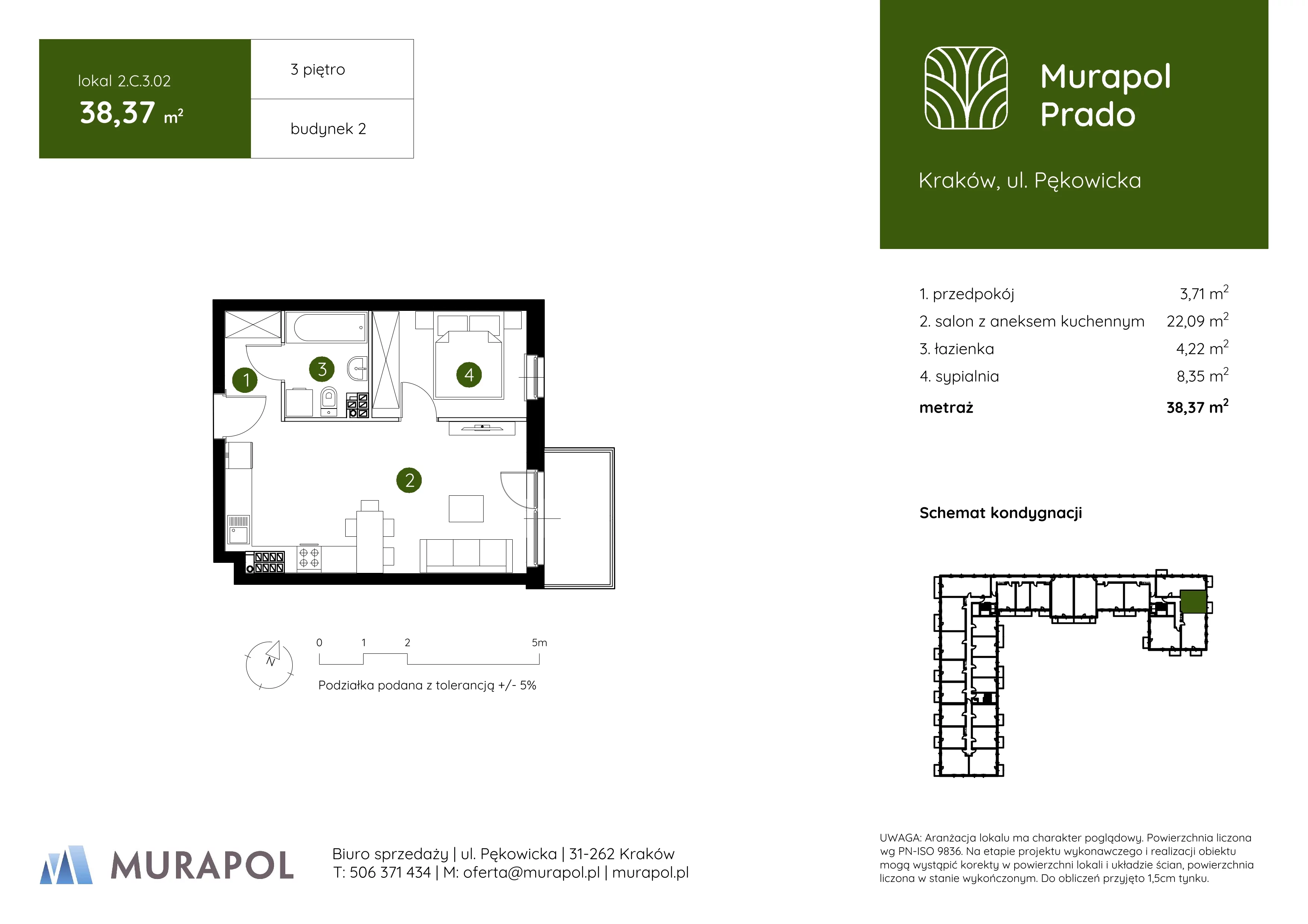 2 pokoje, mieszkanie 38,37 m², piętro 3, oferta nr 2.C.3.02, Murapol Prado, Kraków, Prądnik Biały, ul. Piaszczysta