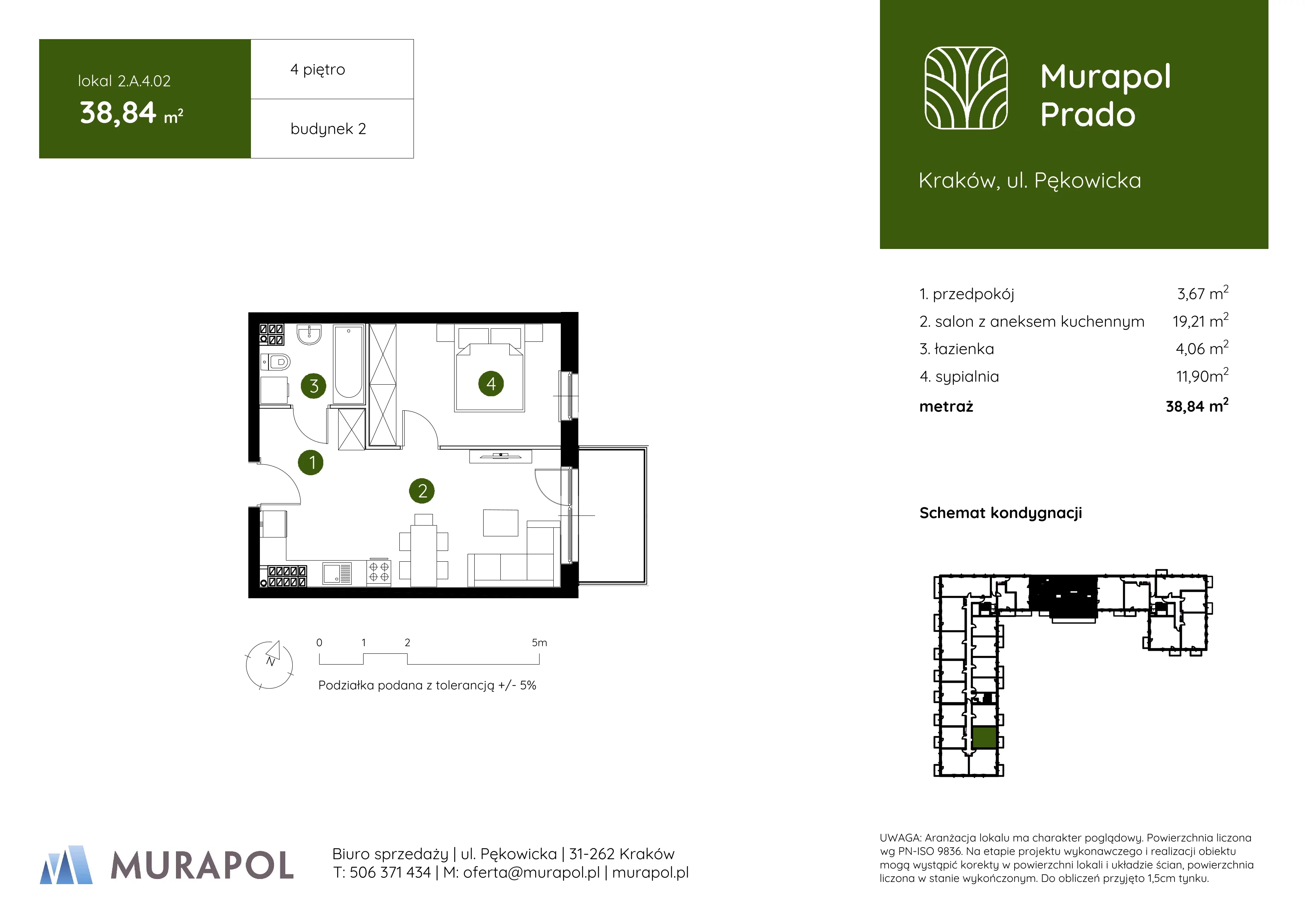 2 pokoje, mieszkanie 38,84 m², piętro 4, oferta nr 2.A.4.02, Murapol Prado, Kraków, Prądnik Biały, ul. Piaszczysta