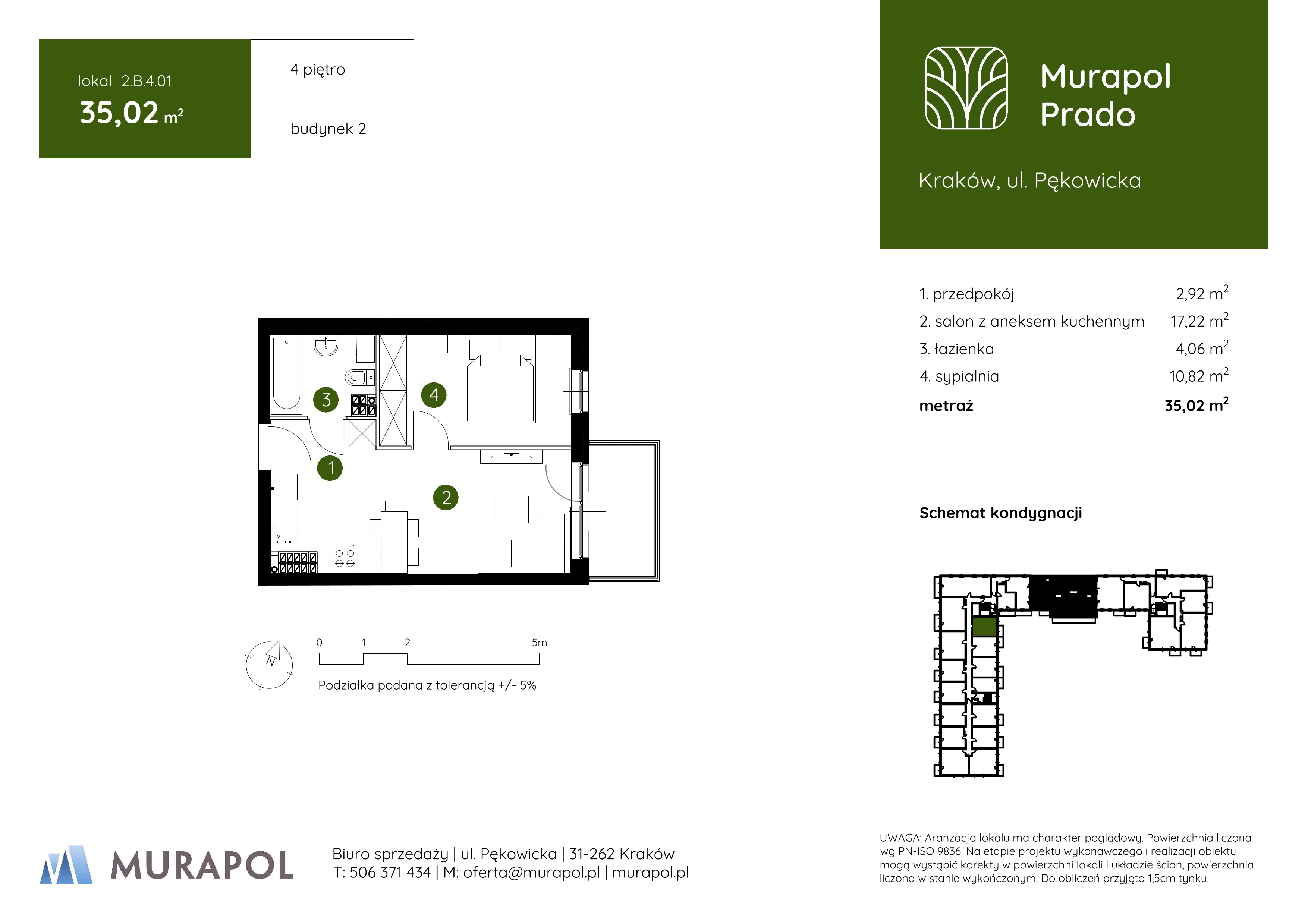 2 pokoje, mieszkanie 35,02 m², piętro 4, oferta nr 2.B.4.01, Murapol Prado, Kraków, Prądnik Biały, ul. Piaszczysta