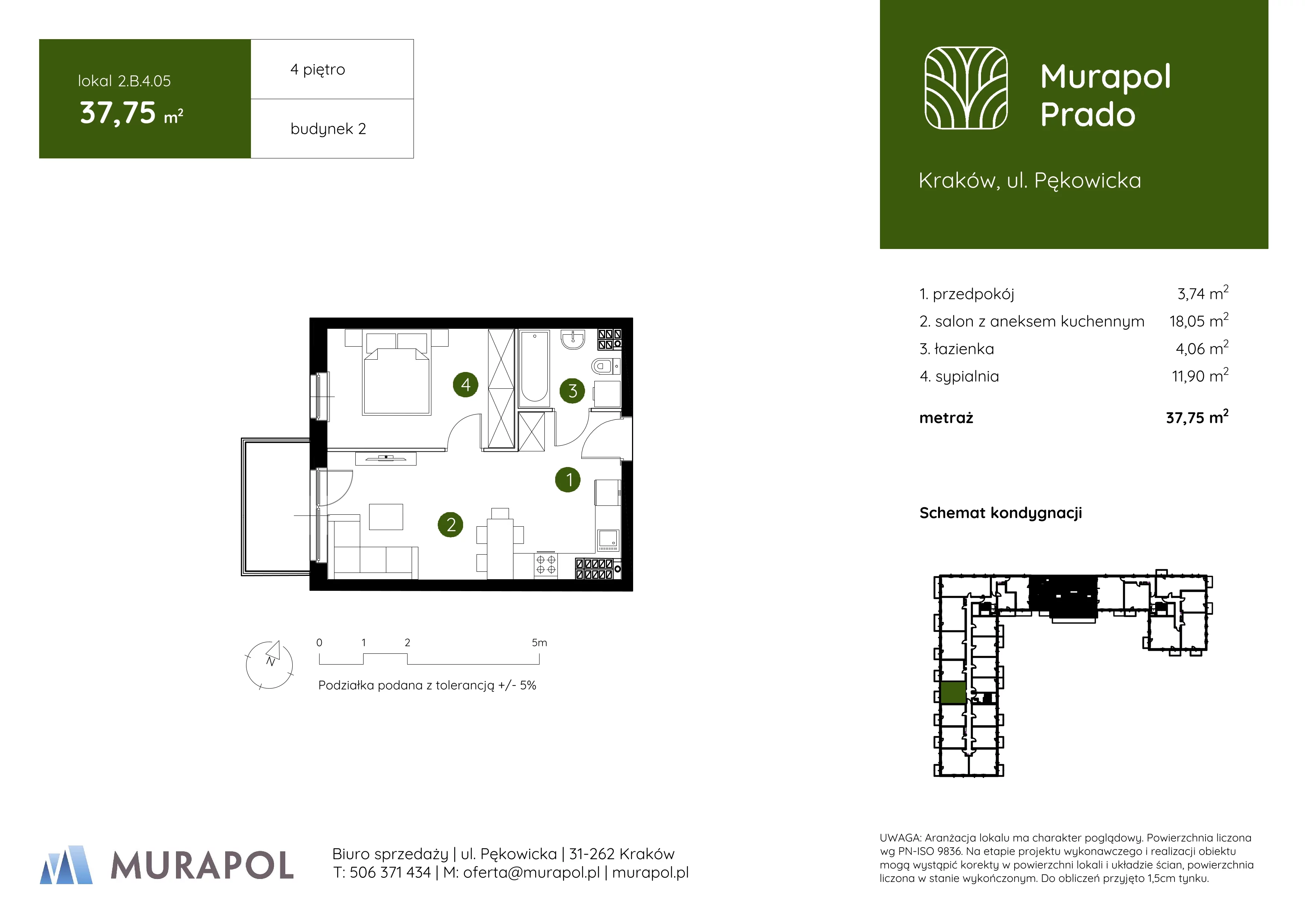 2 pokoje, mieszkanie 37,75 m², piętro 4, oferta nr 2.B.4.05, Murapol Prado, Kraków, Prądnik Biały, ul. Piaszczysta