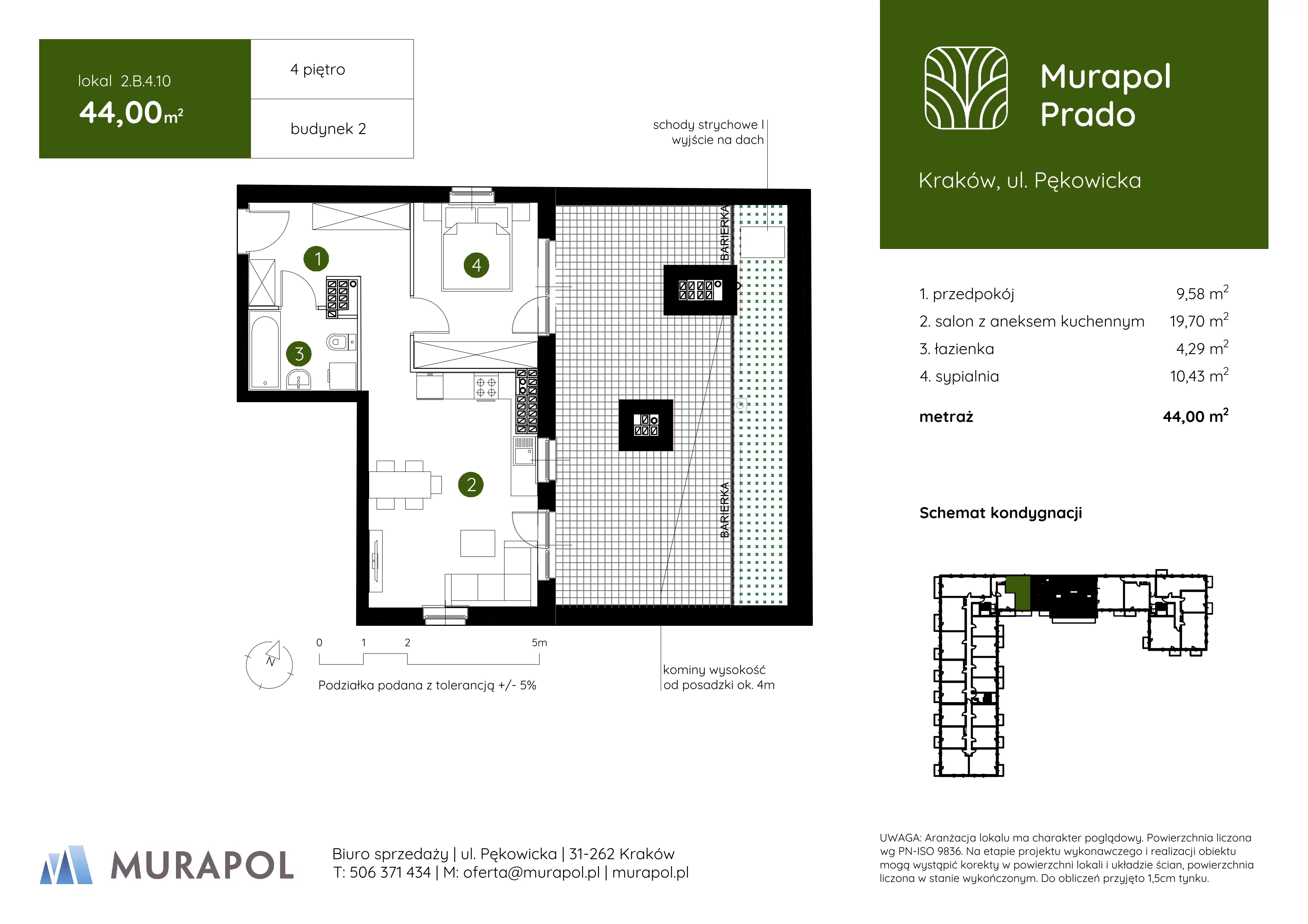 2 pokoje, mieszkanie 44,00 m², piętro 4, oferta nr 2.B.4.10, Murapol Prado, Kraków, Prądnik Biały, ul. Piaszczysta