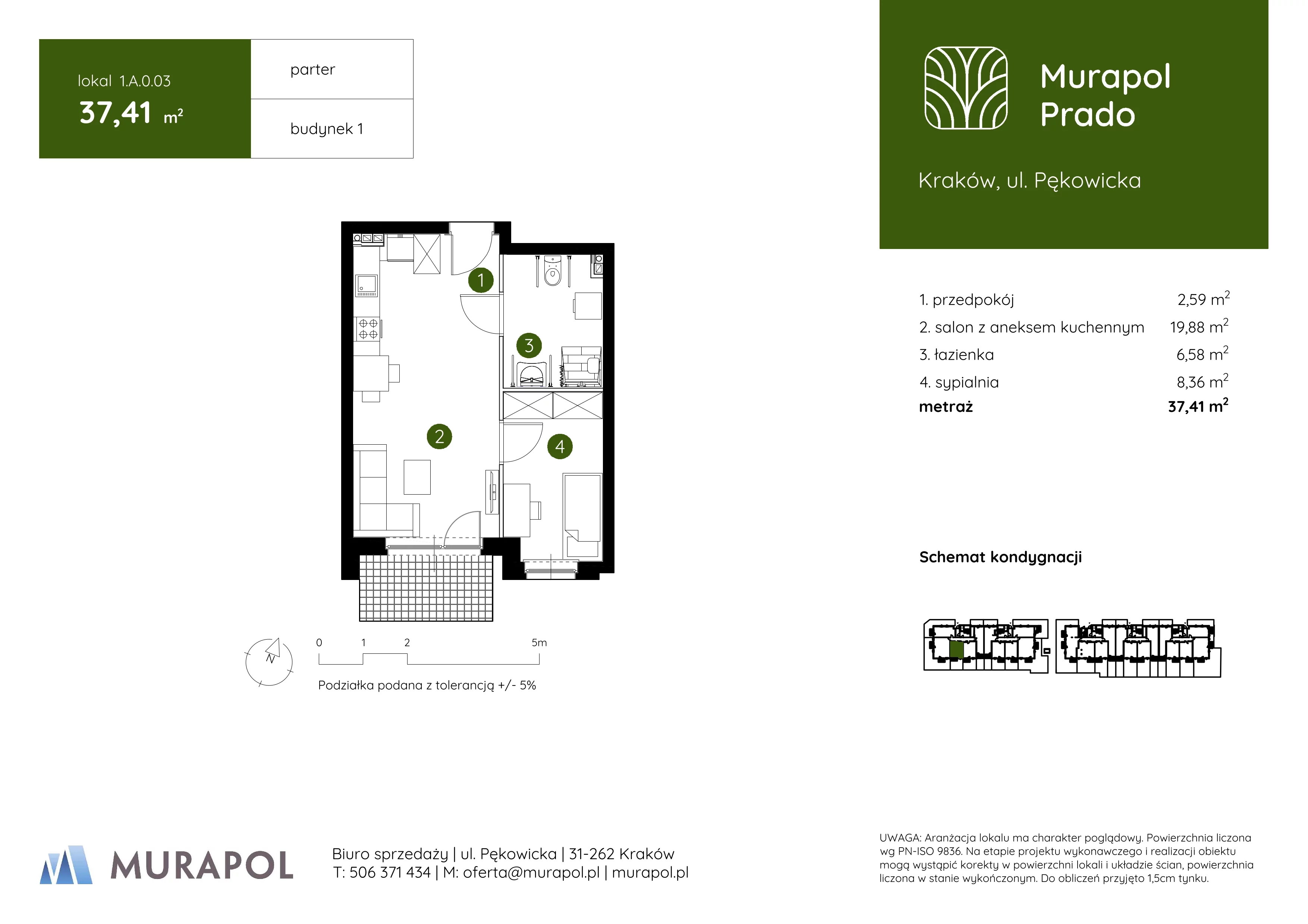 2 pokoje, mieszkanie 37,41 m², parter, oferta nr 1.A.0.03, Murapol Prado, Kraków, Prądnik Biały, ul. Piaszczysta