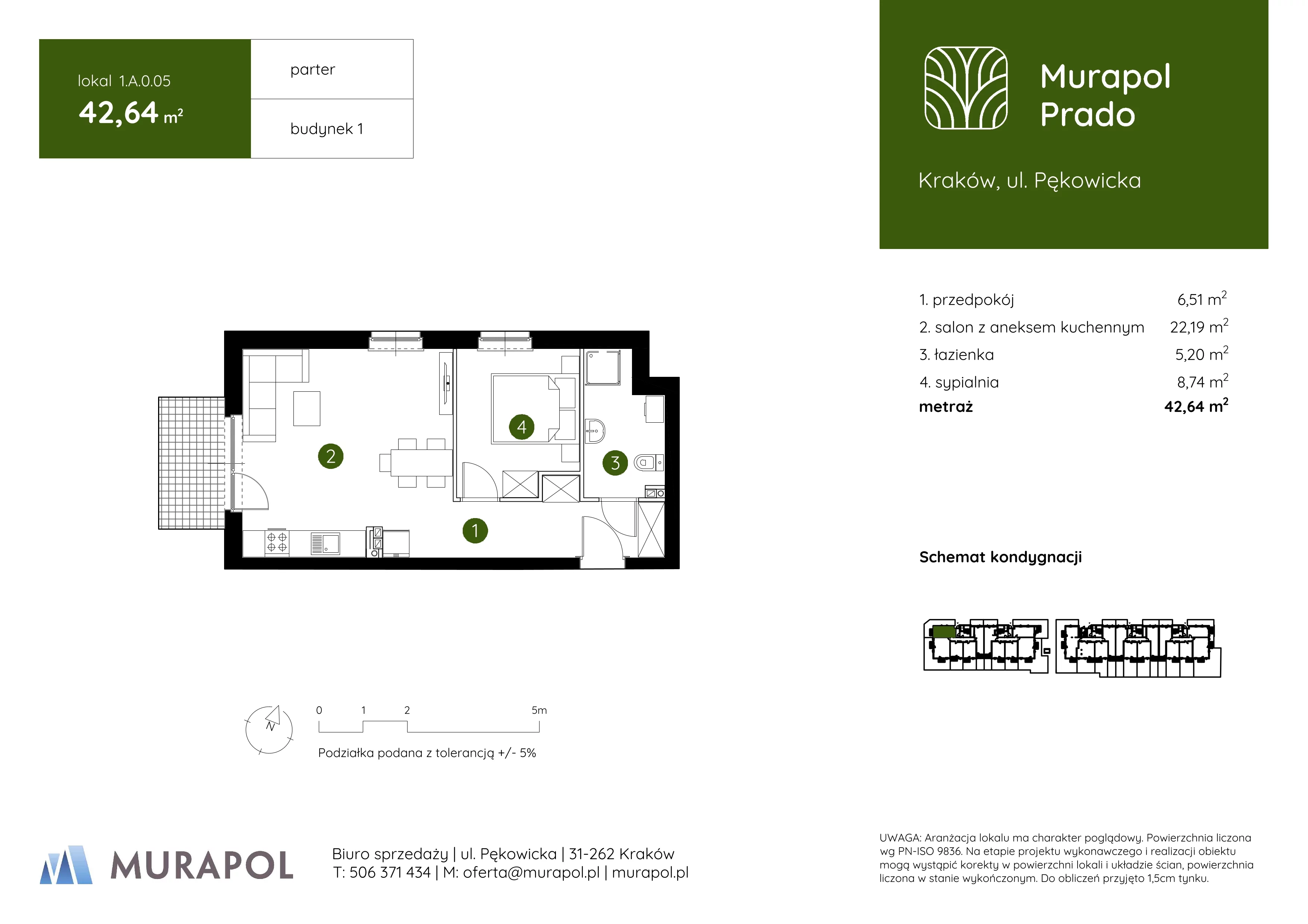 2 pokoje, mieszkanie 42,64 m², parter, oferta nr 1.A.0.05, Murapol Prado, Kraków, Prądnik Biały, ul. Piaszczysta