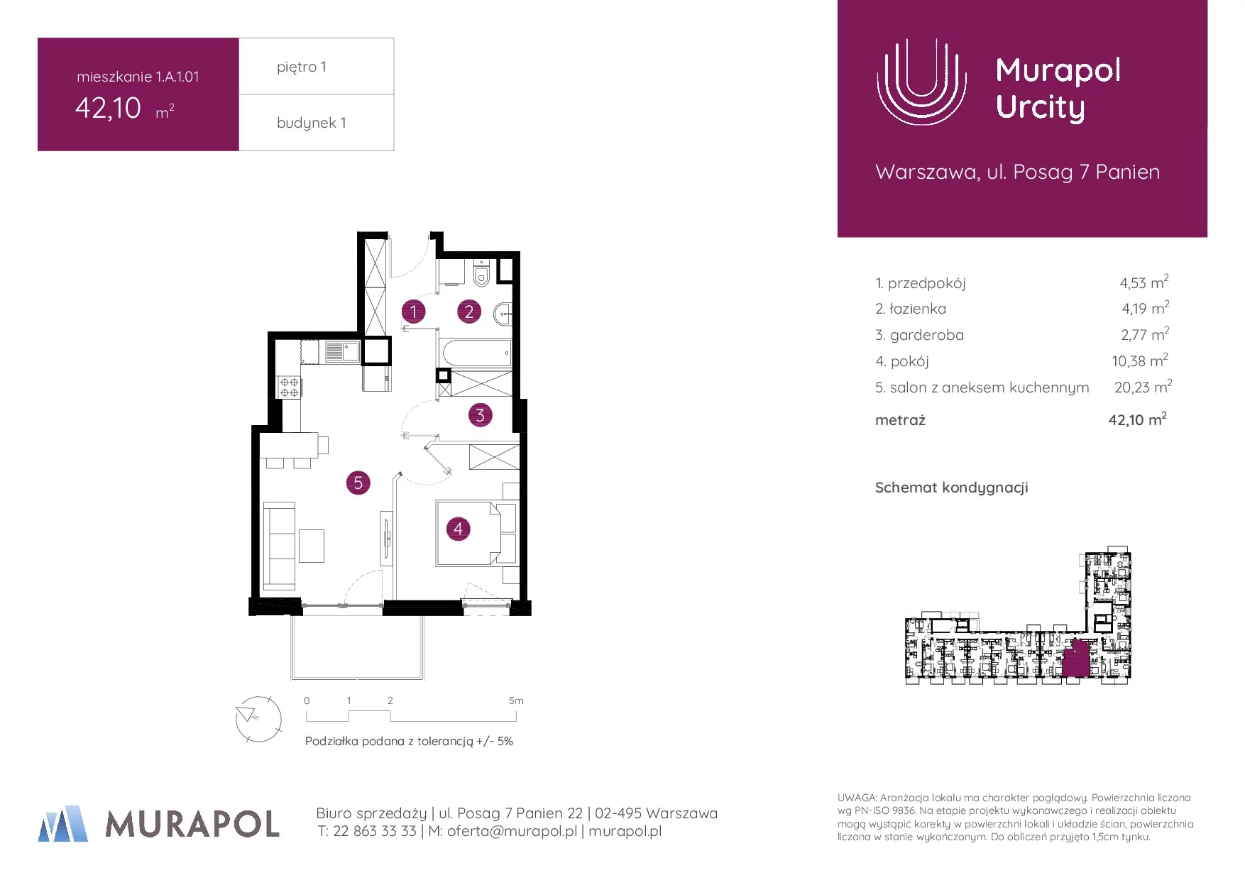 2 pokoje, mieszkanie 42,10 m², piętro 1, oferta nr 1.A.1.01, Murapol Urcity, Warszawa, Ursus, Szamoty, ul. Posag 7 Panien