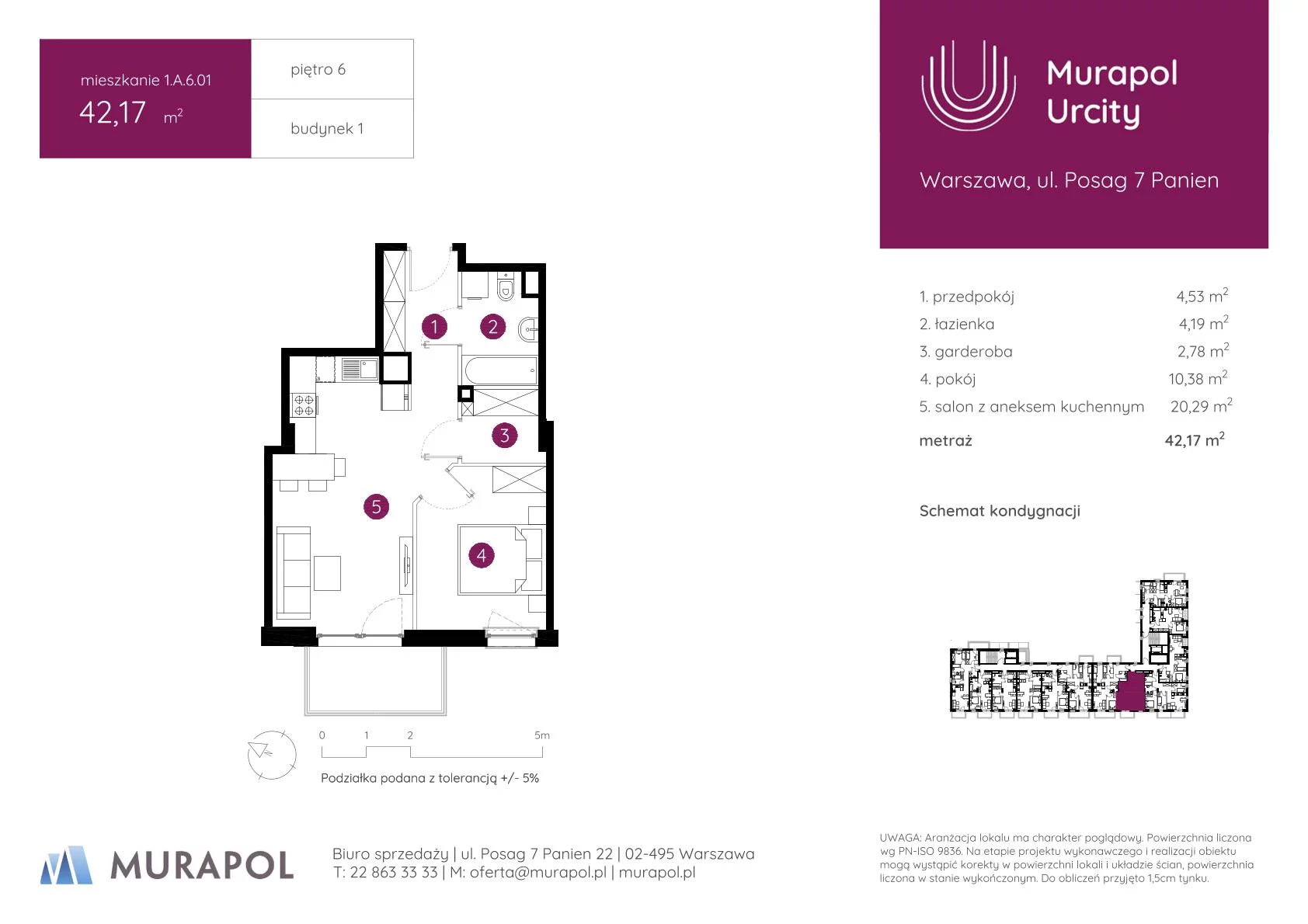 2 pokoje, mieszkanie 42,17 m², piętro 6, oferta nr 1.A.6.01, Murapol Urcity, Warszawa, Ursus, Szamoty, ul. Posag 7 Panien