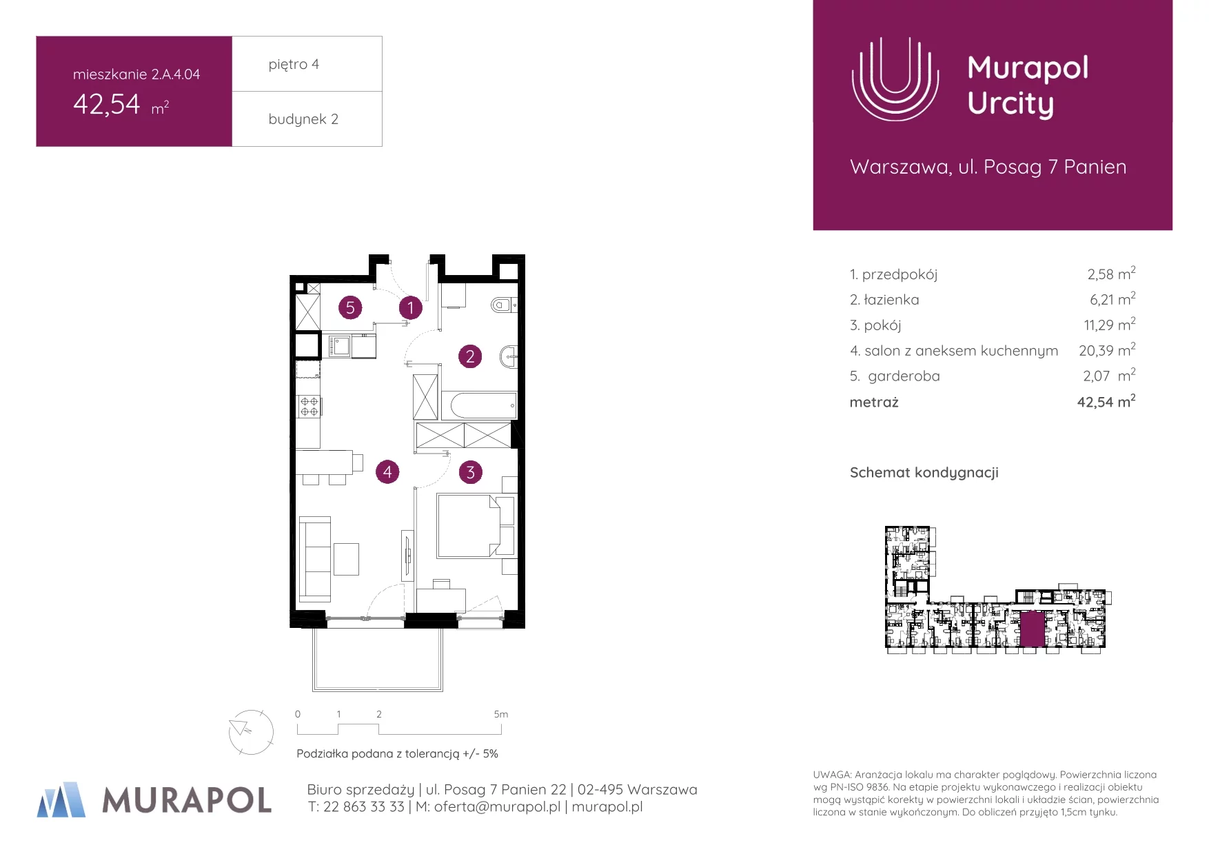 2 pokoje, mieszkanie 42,54 m², piętro 4, oferta nr 2.A.4.04, Murapol Urcity, Warszawa, Ursus, Szamoty, ul. Posag 7 Panien