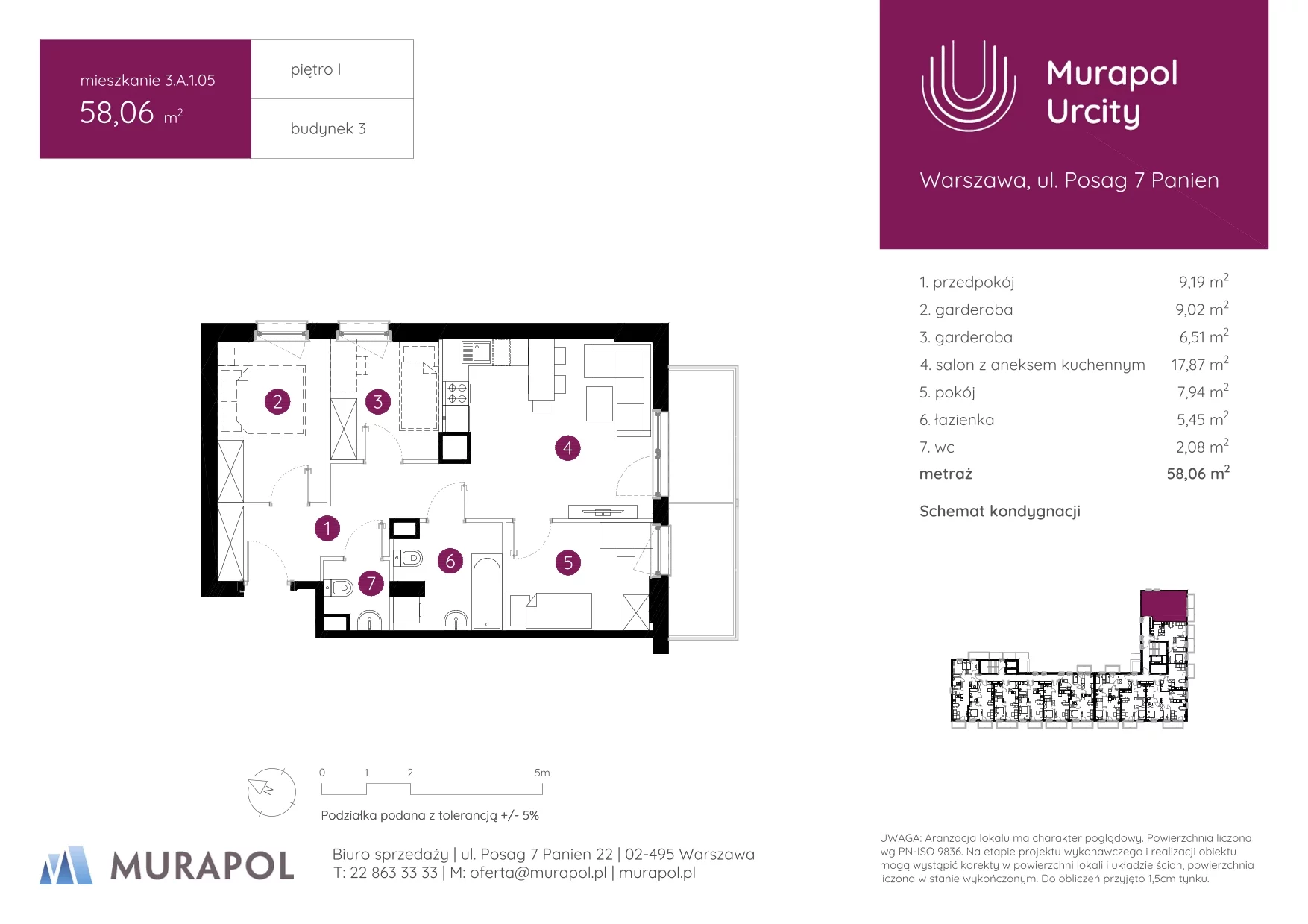 2 pokoje, mieszkanie 58,06 m², piętro 1, oferta nr 3.A.1.05, Murapol Urcity, Warszawa, Ursus, Szamoty, ul. Posag 7 Panien