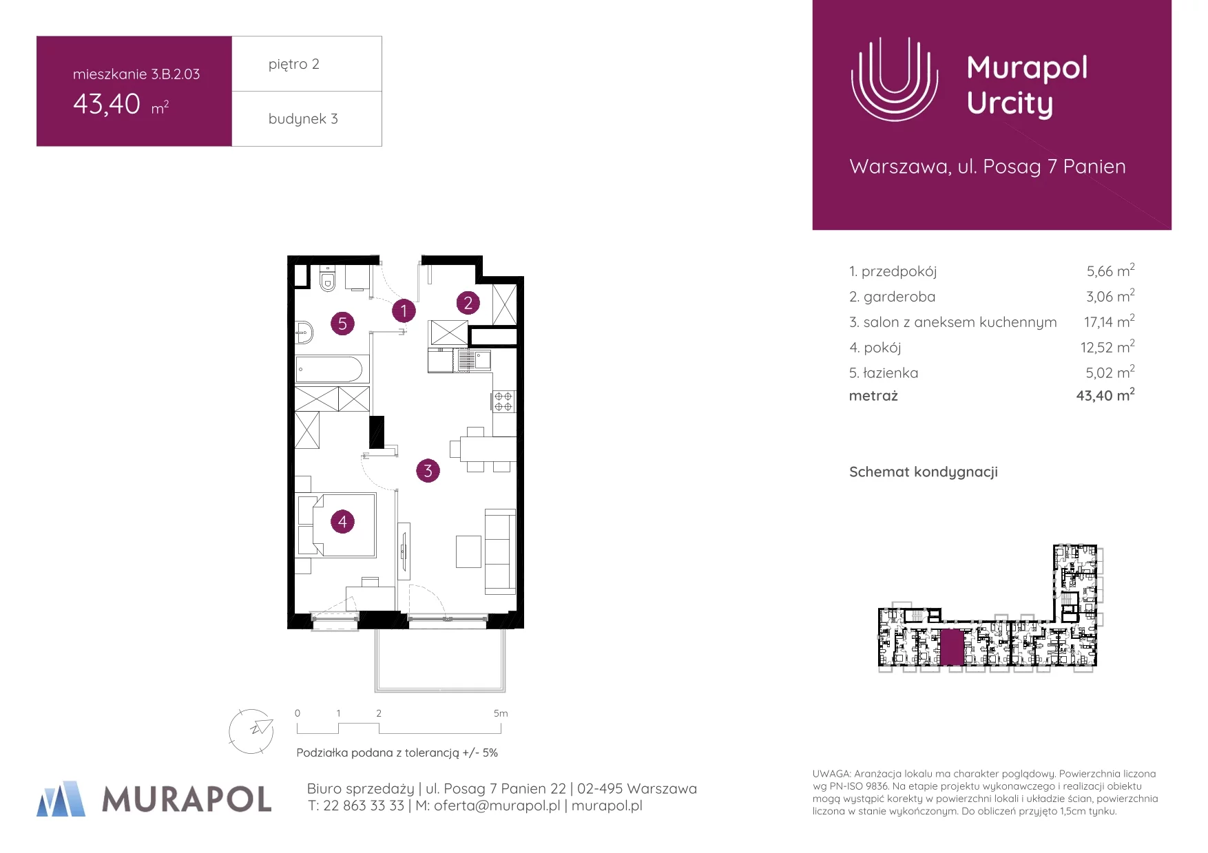 2 pokoje, mieszkanie 43,40 m², piętro 2, oferta nr 3.B.2.03, Murapol Urcity, Warszawa, Ursus, Szamoty, ul. Posag 7 Panien