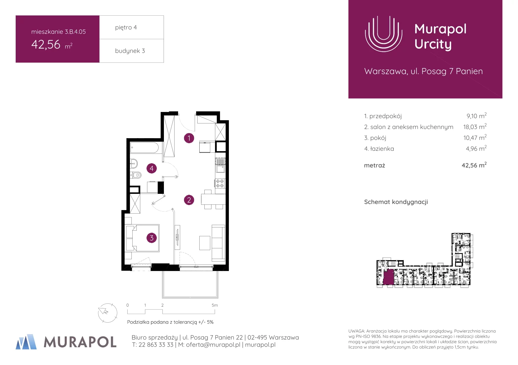 2 pokoje, mieszkanie 42,56 m², piętro 4, oferta nr 3.B.4.05, Murapol Urcity, Warszawa, Ursus, Szamoty, ul. Posag 7 Panien