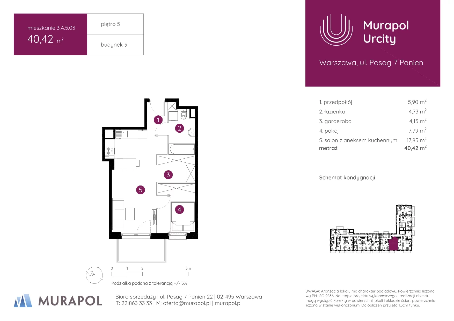 2 pokoje, mieszkanie 40,42 m², piętro 5, oferta nr 3.A.5.03, Murapol Urcity, Warszawa, Ursus, Szamoty, ul. Posag 7 Panien
