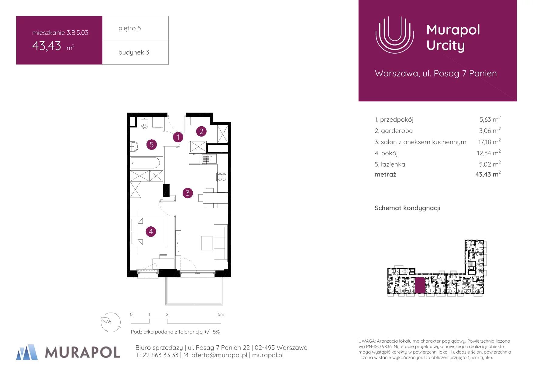 2 pokoje, mieszkanie 43,43 m², piętro 5, oferta nr 3.B.5.03, Murapol Urcity, Warszawa, Ursus, Szamoty, ul. Posag 7 Panien