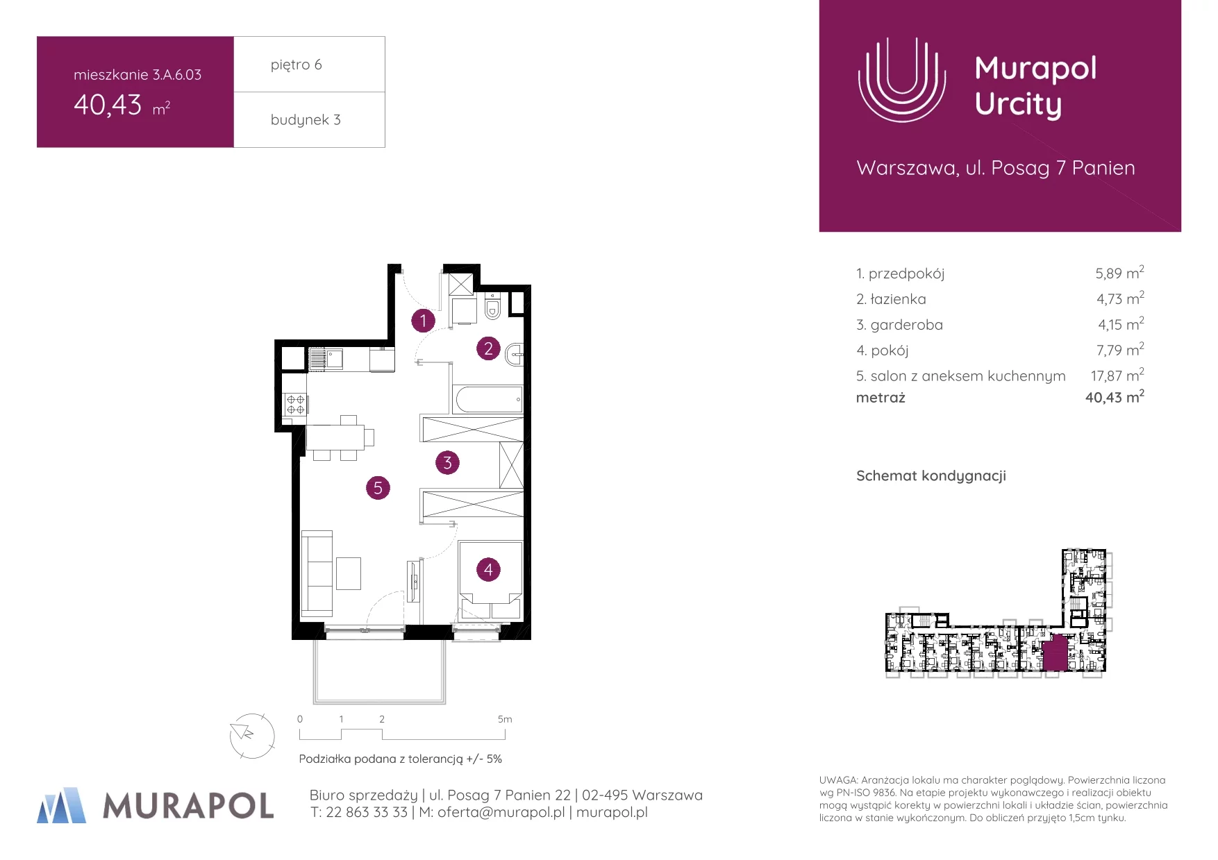 2 pokoje, mieszkanie 40,43 m², piętro 6, oferta nr 3.A.6.03, Murapol Urcity, Warszawa, Ursus, Szamoty, ul. Posag 7 Panien