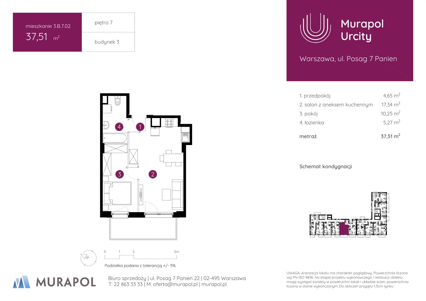 2 pokoje, mieszkanie 37,51 m², piętro 7, oferta nr 3.B.7.02, Murapol Urcity, Warszawa, Ursus, Szamoty, ul. Posag 7 Panien