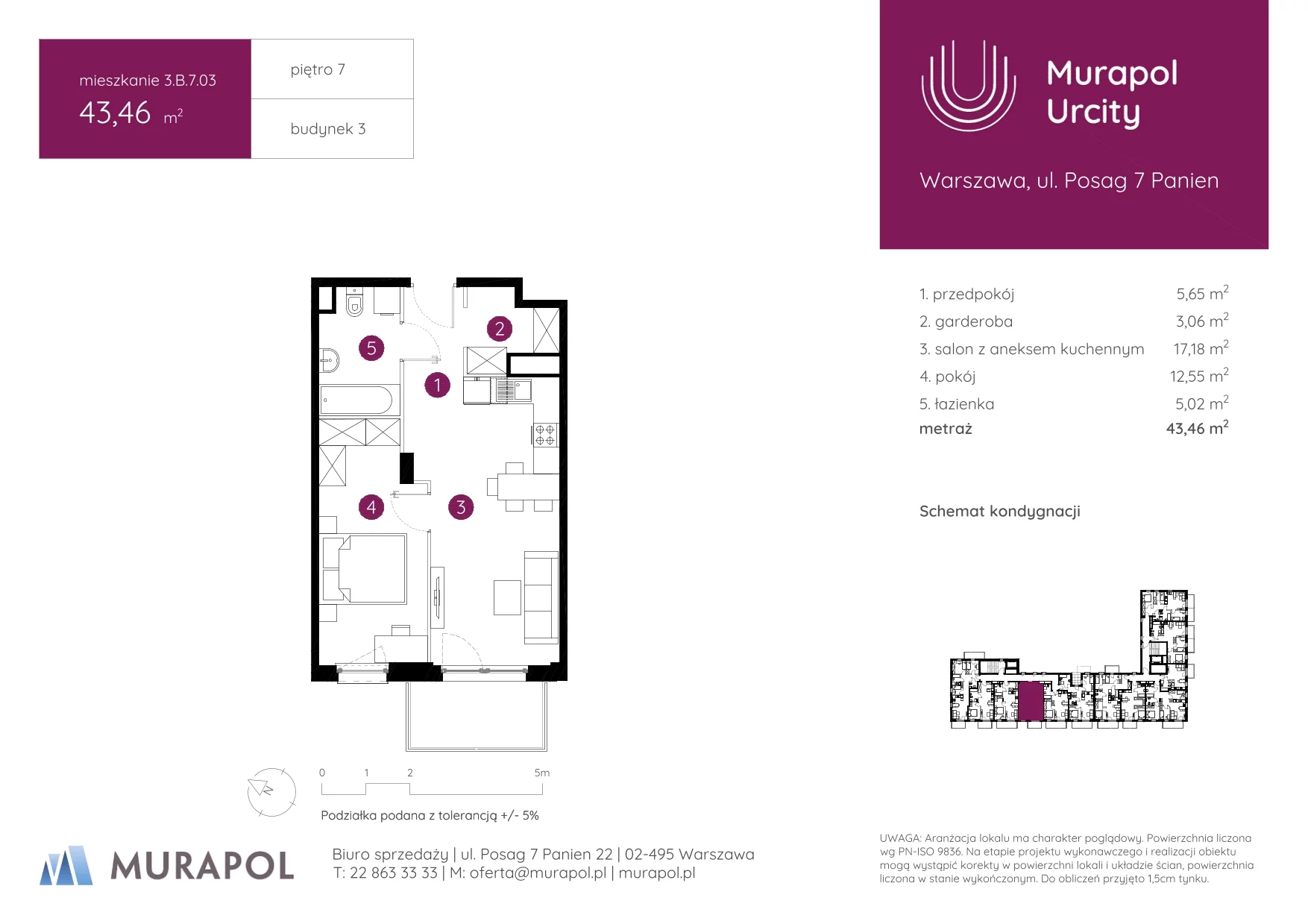 2 pokoje, mieszkanie 43,46 m², piętro 7, oferta nr 3.B.7.03, Murapol Urcity, Warszawa, Ursus, Szamoty, ul. Posag 7 Panien