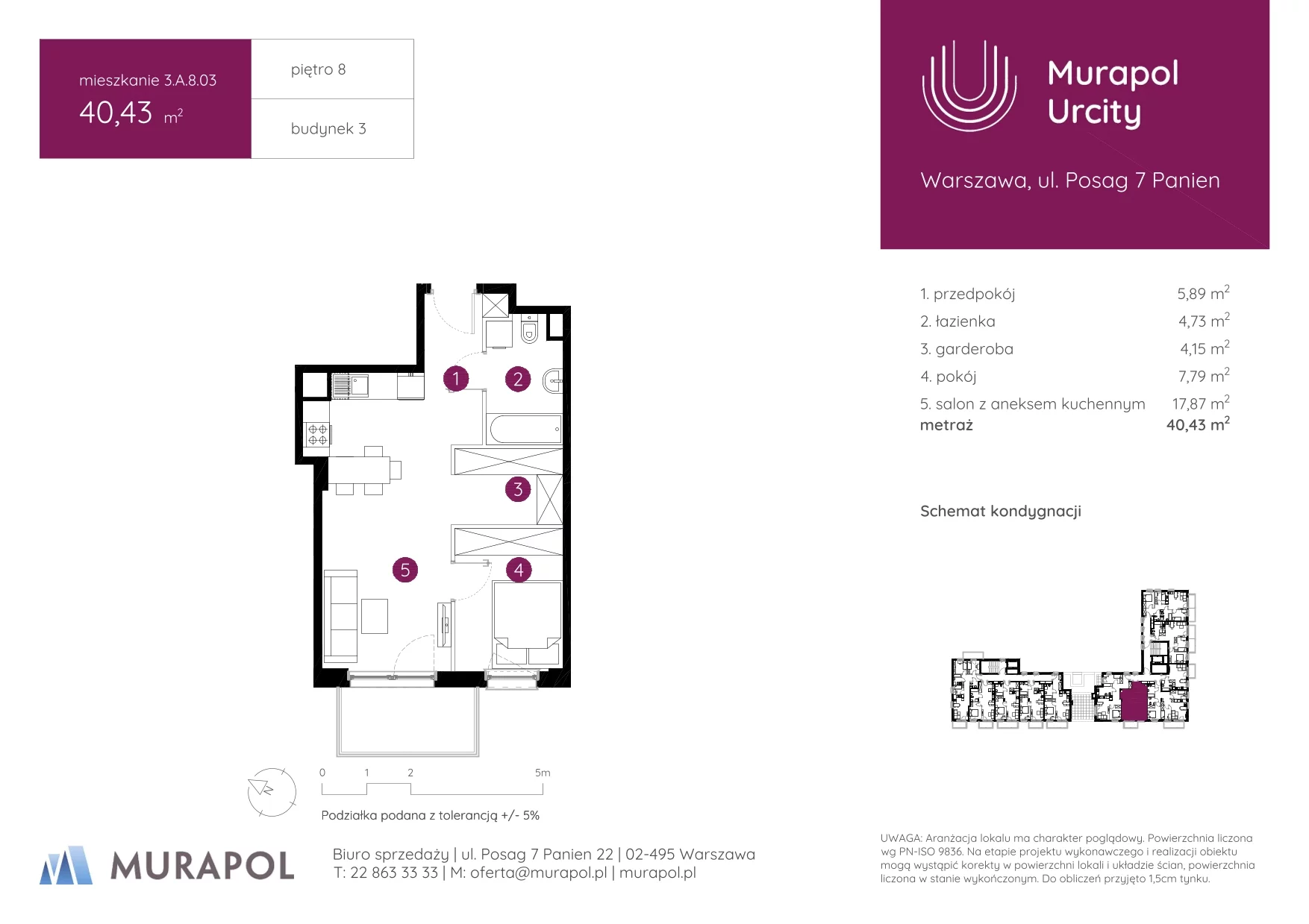 2 pokoje, mieszkanie 40,43 m², piętro 8, oferta nr 3.A.8.03, Murapol Urcity, Warszawa, Ursus, Szamoty, ul. Posag 7 Panien