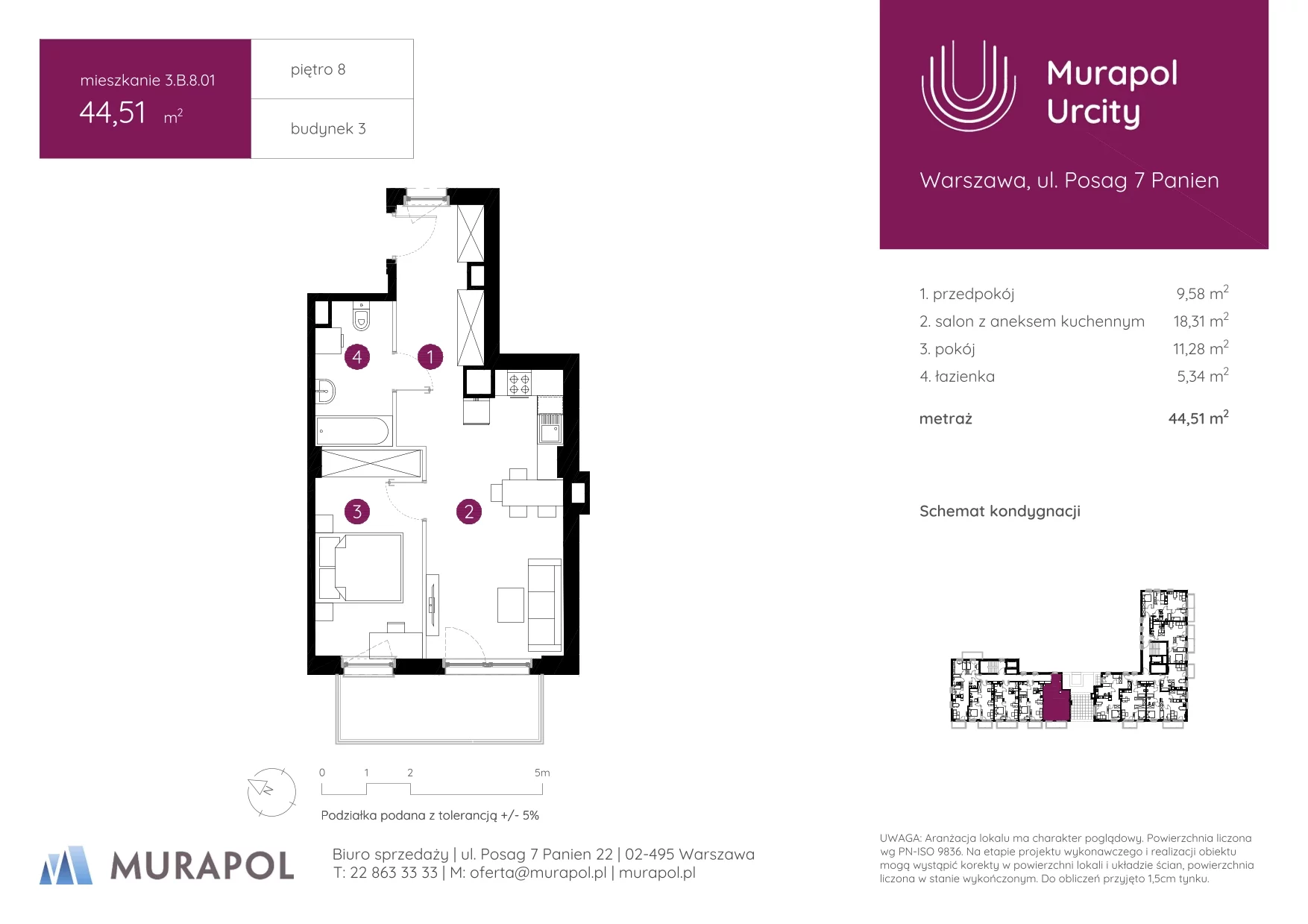 2 pokoje, mieszkanie 44,51 m², piętro 8, oferta nr 3.B.8.01, Murapol Urcity, Warszawa, Ursus, Szamoty, ul. Posag 7 Panien