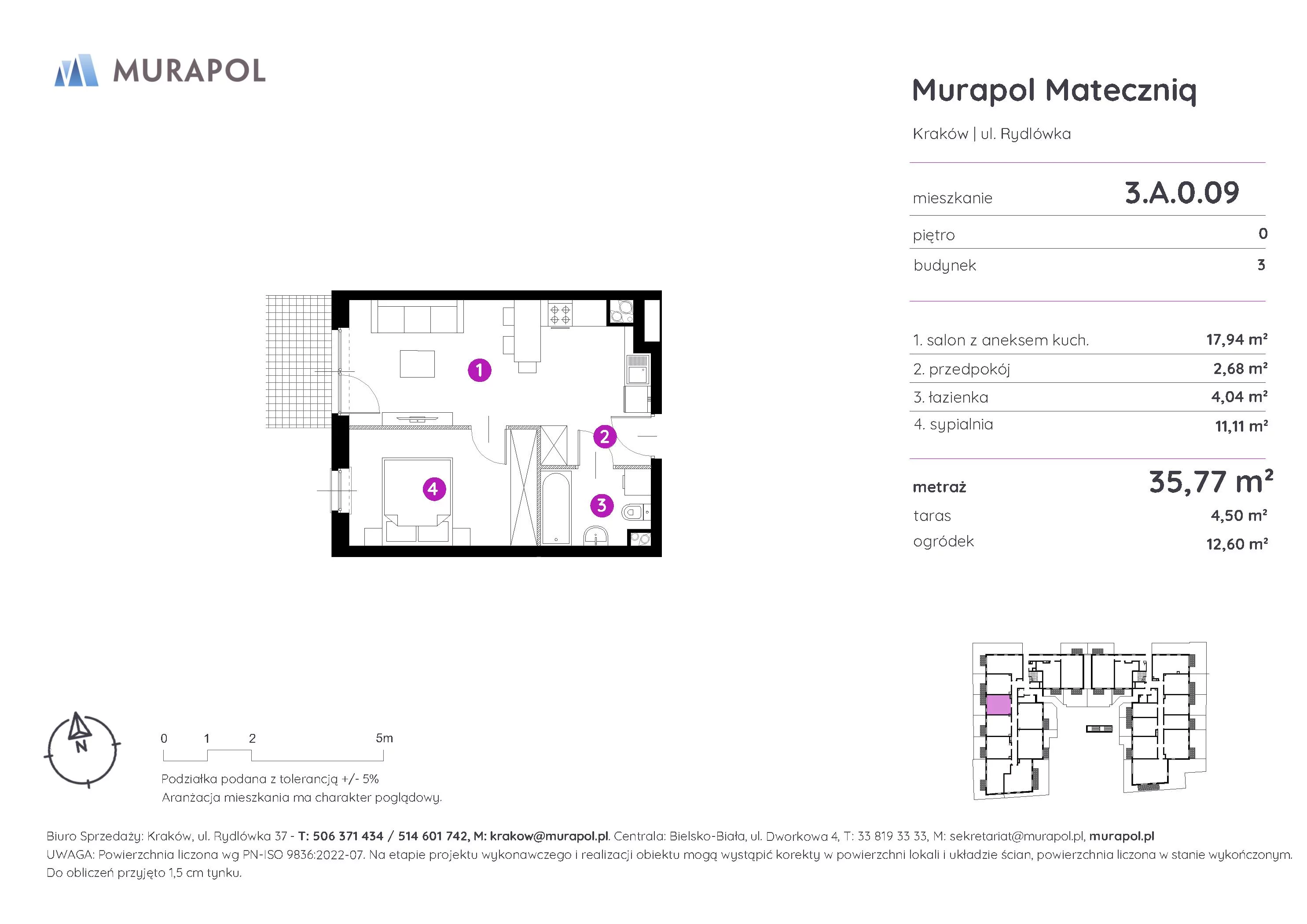 Mieszkanie 35,77 m², parter, oferta nr 3.A.0.09, Murapol Mateczniq, Kraków, Podgórze, Mateczny, ul. Rydlówka