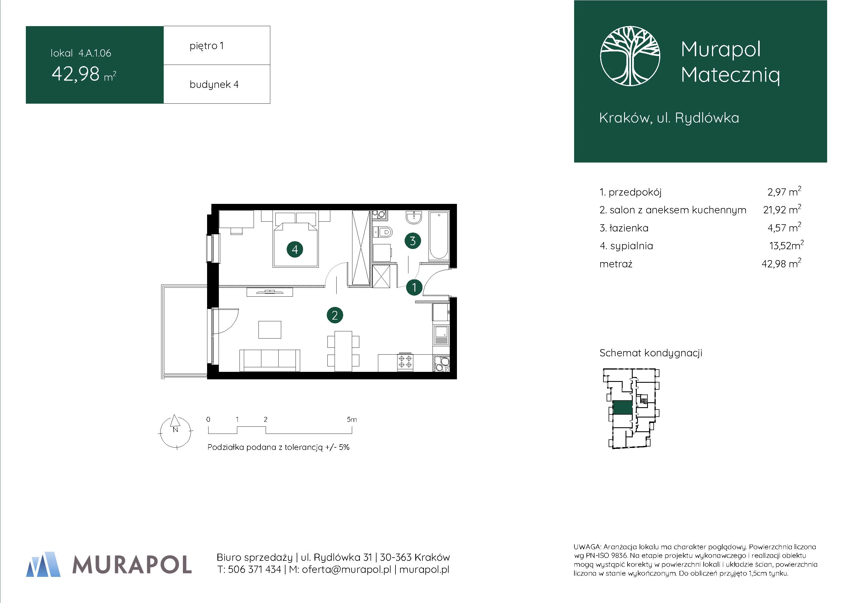 2 pokoje, mieszkanie 42,98 m², piętro 1, oferta nr 4.A.1.06, Murapol Mateczniq, Kraków, Podgórze, Mateczny, ul. Rydlówka