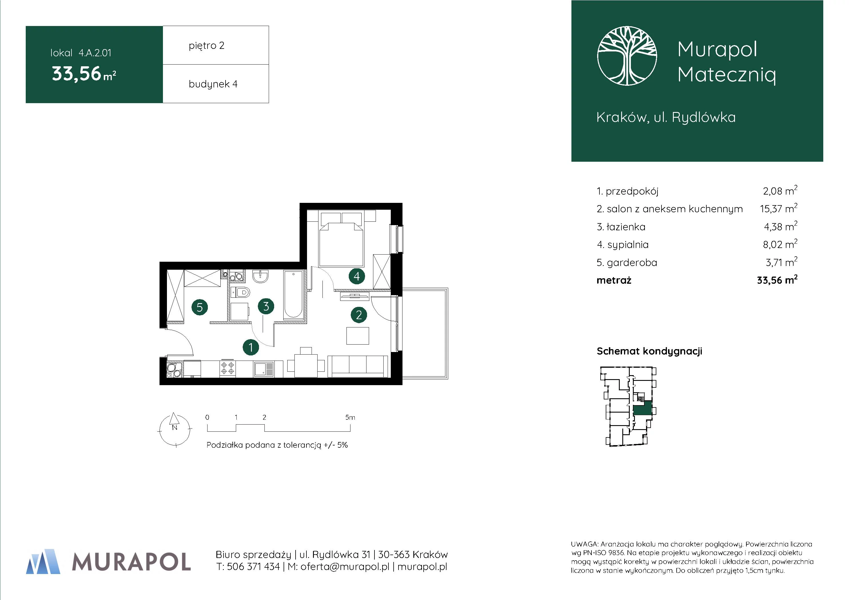 2 pokoje, mieszkanie 33,56 m², piętro 2, oferta nr 4.A.2.01, Murapol Mateczniq, Kraków, Podgórze, Mateczny, ul. Rydlówka