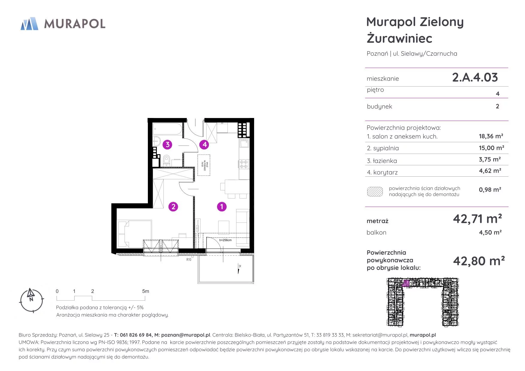 2 pokoje, mieszkanie 42,80 m², piętro 4, oferta nr 2.A.4.03, Murapol Zielony Żurawiniec - Gotowe mieszkania, Poznań, Naramowice, ul. Sielawy