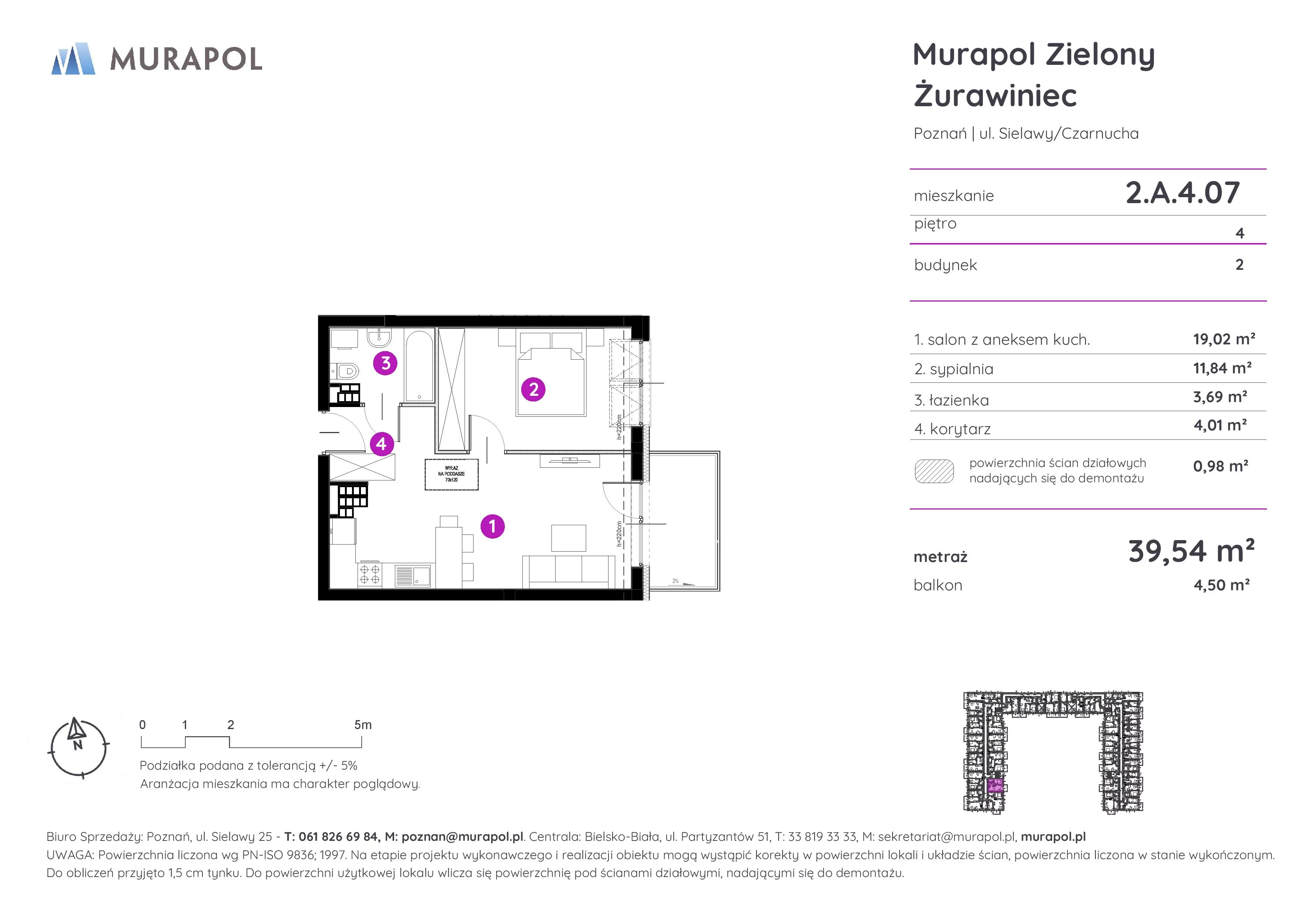 Mieszkanie 39,54 m², piętro 4, oferta nr 2.A.4.07, Murapol Zielony Żurawiniec, Poznań, Naramowice, ul. Sielawy