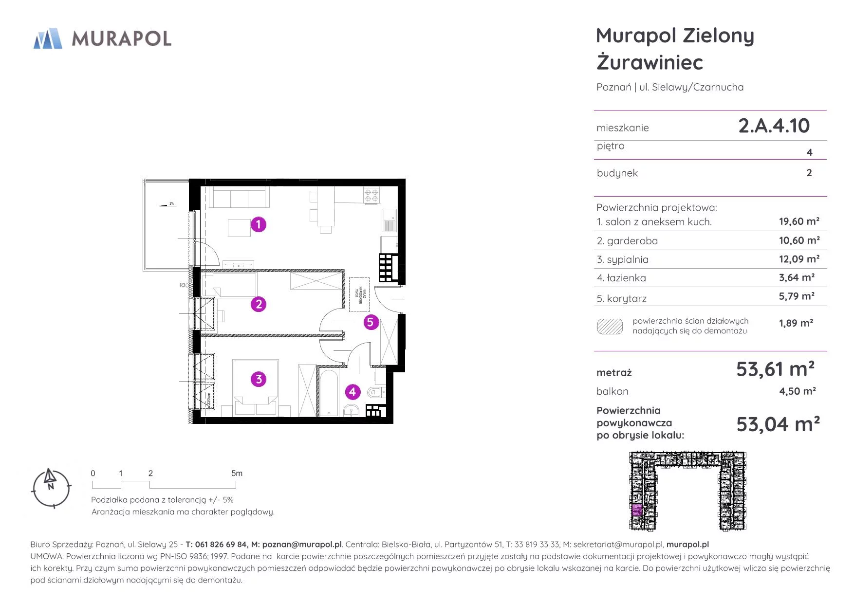 Mieszkanie 53,04 m², piętro 4, oferta nr 2.A.4.10, Murapol Zielony Żurawiniec - Gotowe mieszkania, Poznań, Naramowice, ul. Sielawy