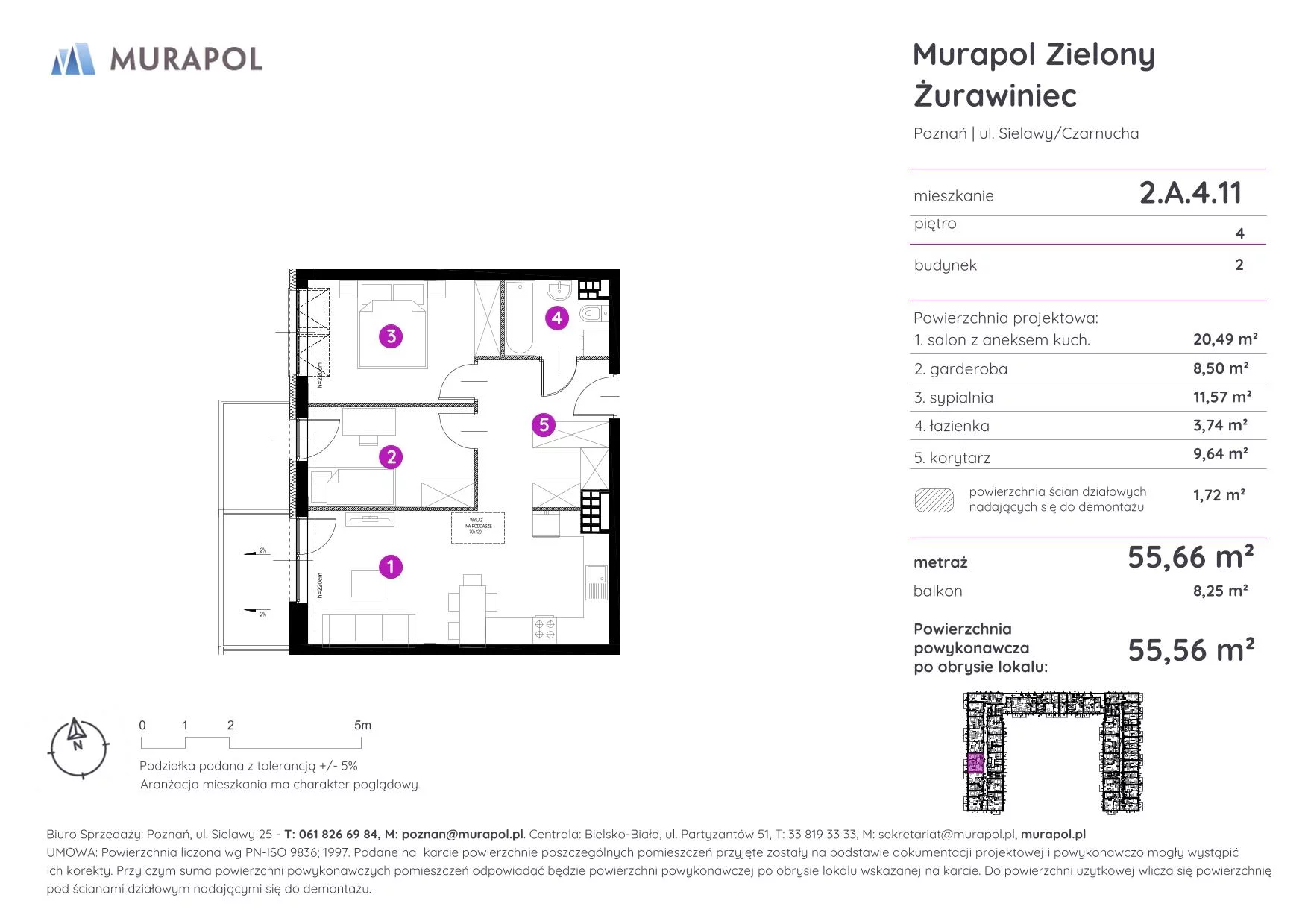 Mieszkanie 55,56 m², piętro 4, oferta nr 2.A.4.11, Murapol Zielony Żurawiniec - Gotowe mieszkania, Poznań, Naramowice, ul. Sielawy