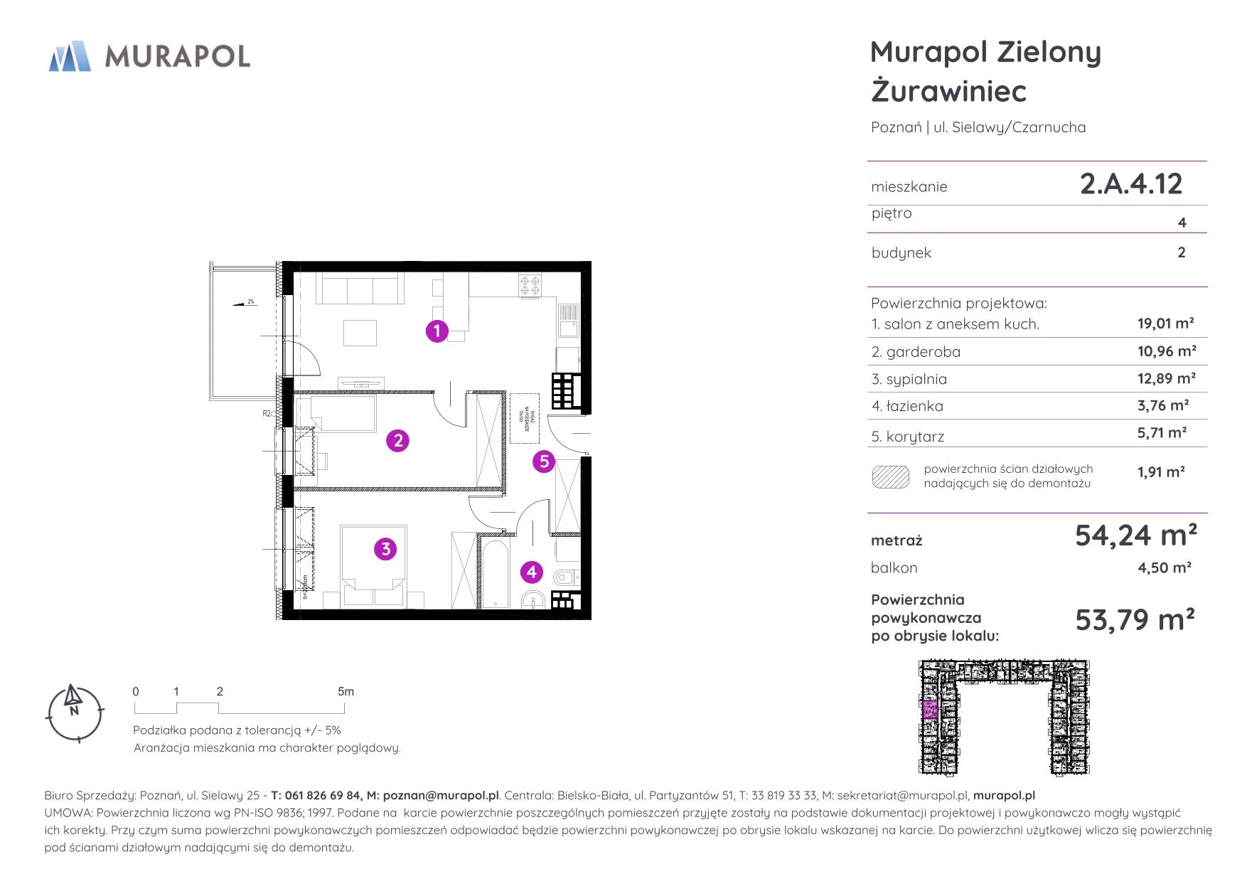 Mieszkanie 53,79 m², piętro 4, oferta nr 2.A.4.12, Murapol Zielony Żurawiniec - Gotowe mieszkania, Poznań, Naramowice, ul. Sielawy