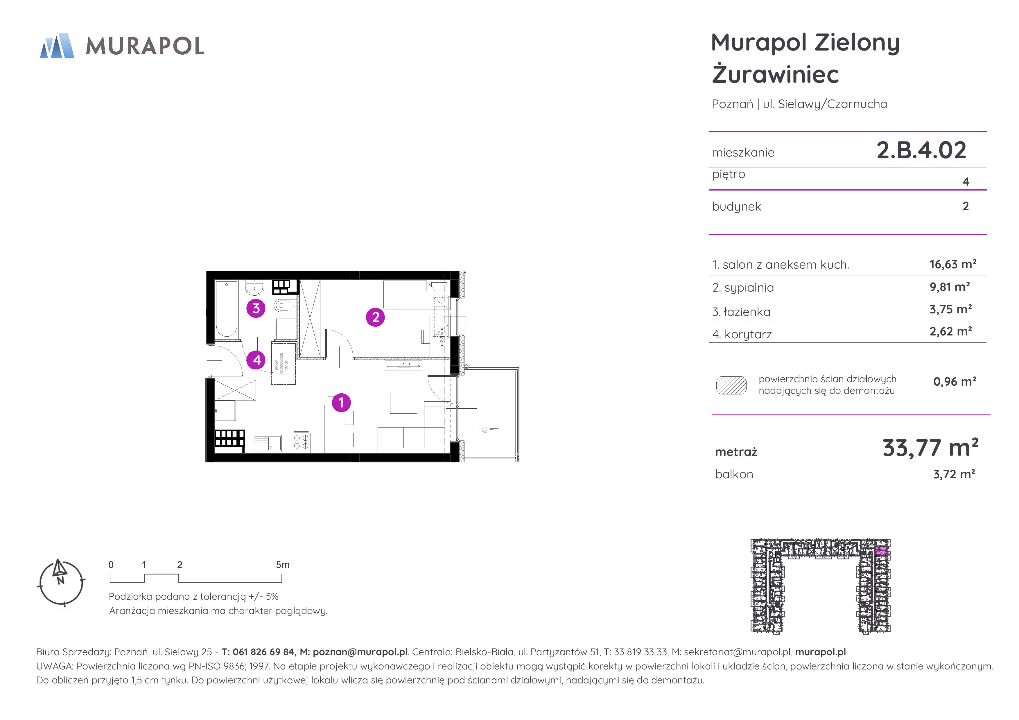 Mieszkanie 33,77 m², piętro 4, oferta nr 2.B.4.02, Murapol Zielony Żurawiniec, Poznań, Naramowice, ul. Sielawy