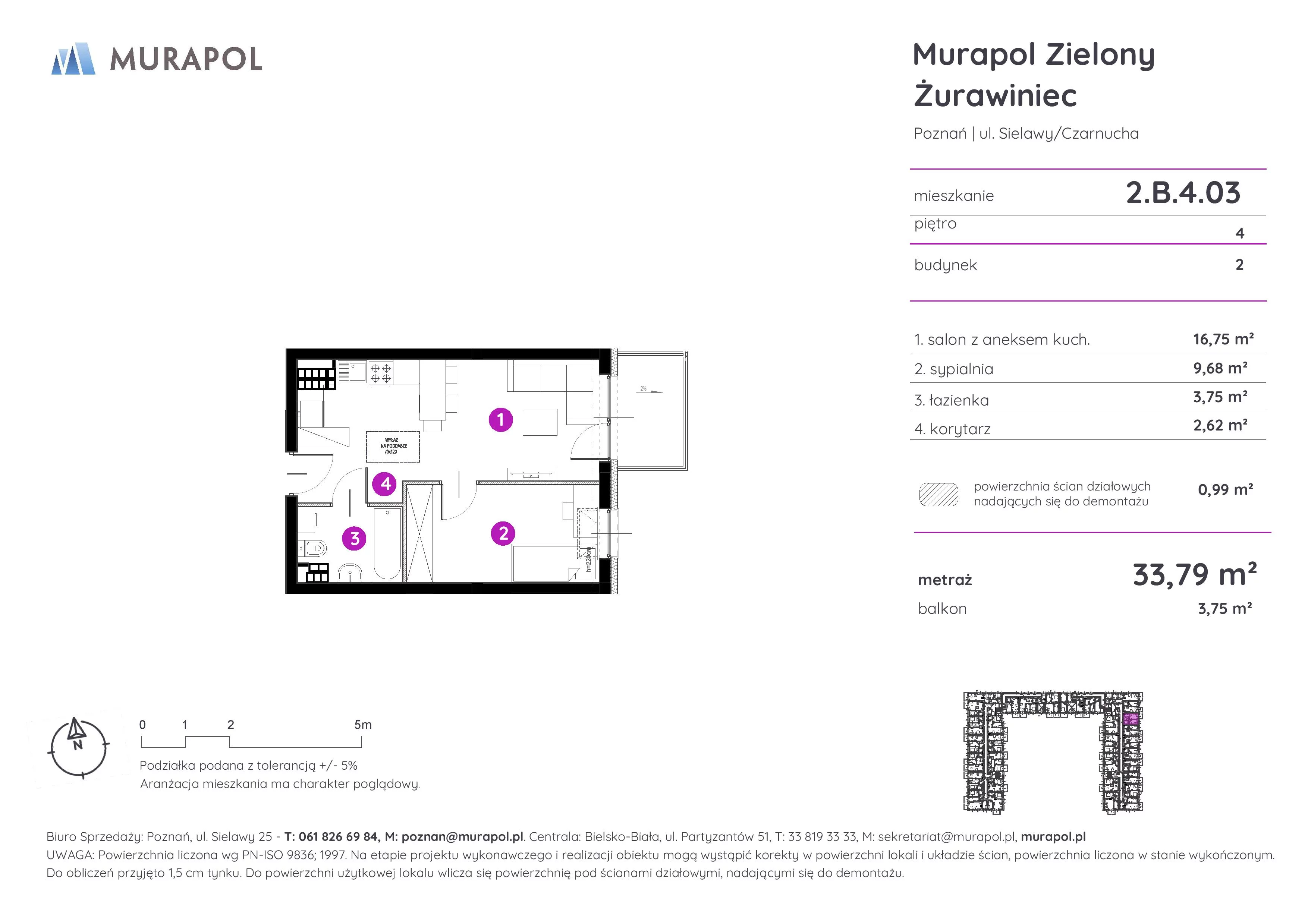 Mieszkanie 33,36 m², piętro 4, oferta nr 2.B.4.03, Murapol Zielony Żurawiniec - Gotowe mieszkania, Poznań, Naramowice, ul. Sielawy