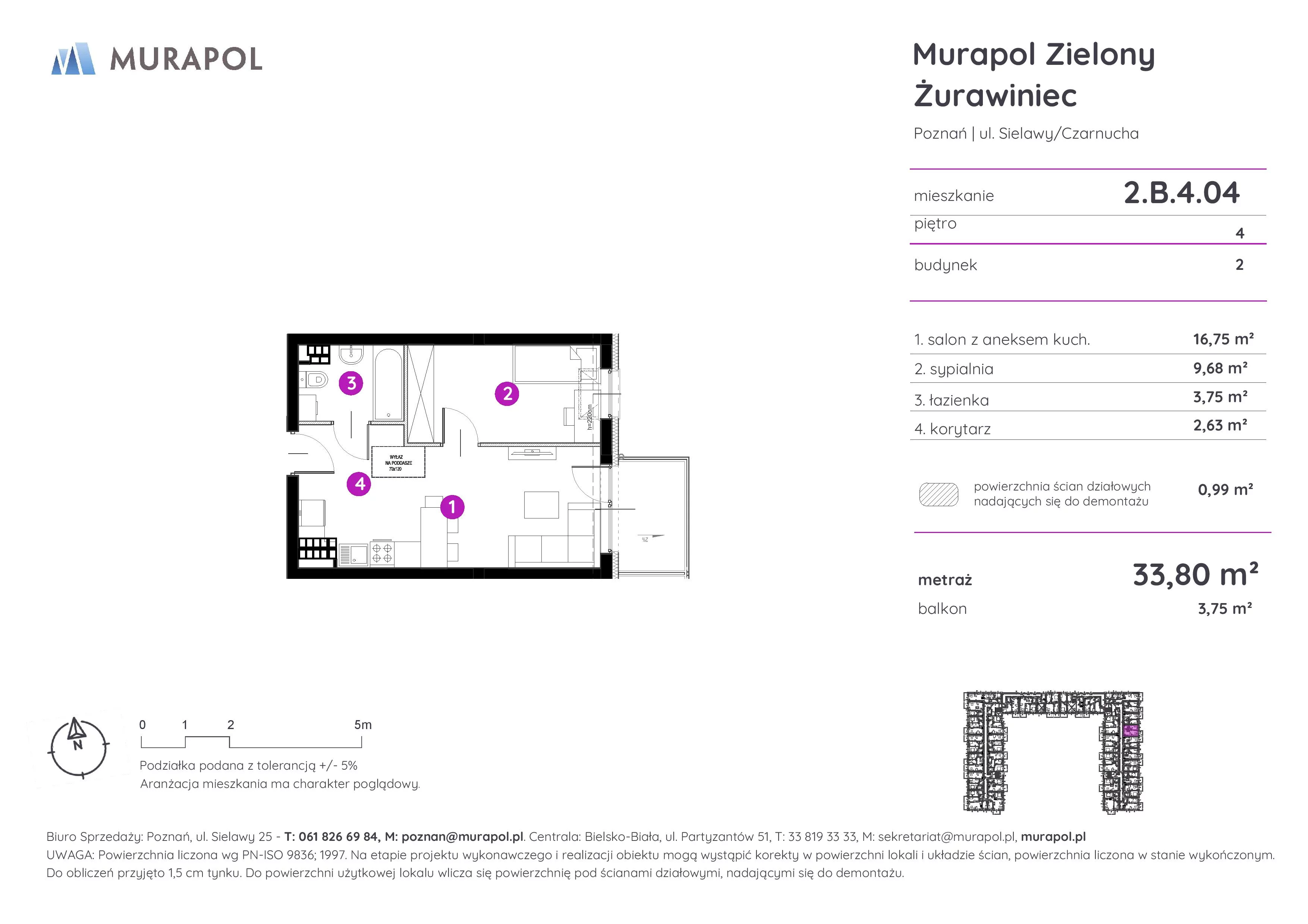 Mieszkanie 33,47 m², piętro 4, oferta nr 2.B.4.04, Murapol Zielony Żurawiniec - Gotowe mieszkania, Poznań, Naramowice, ul. Sielawy