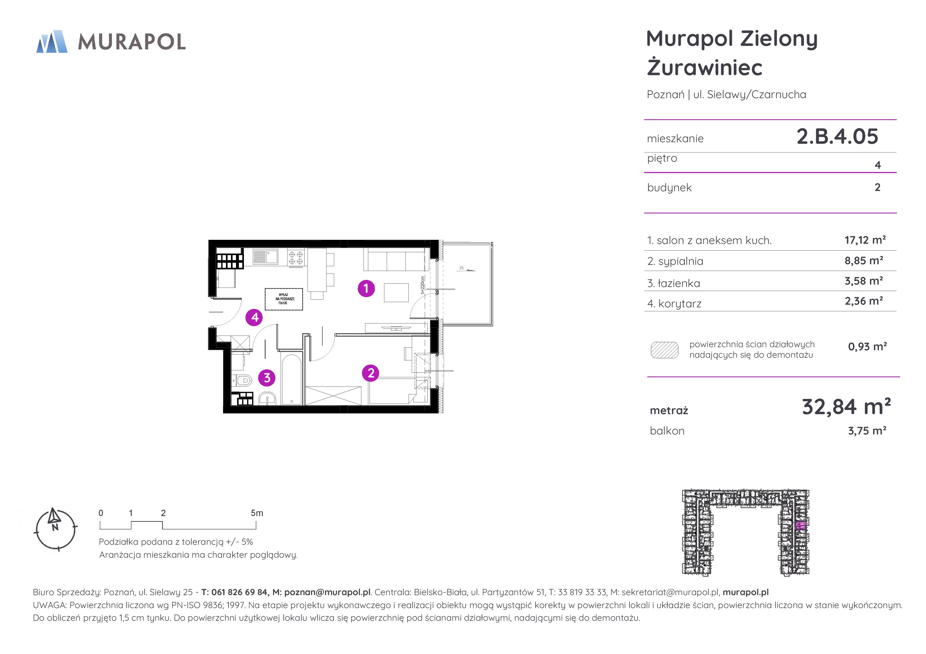 Mieszkanie 32,84 m², piętro 4, oferta nr 2.B.4.05, Murapol Zielony Żurawiniec, Poznań, Naramowice, ul. Sielawy