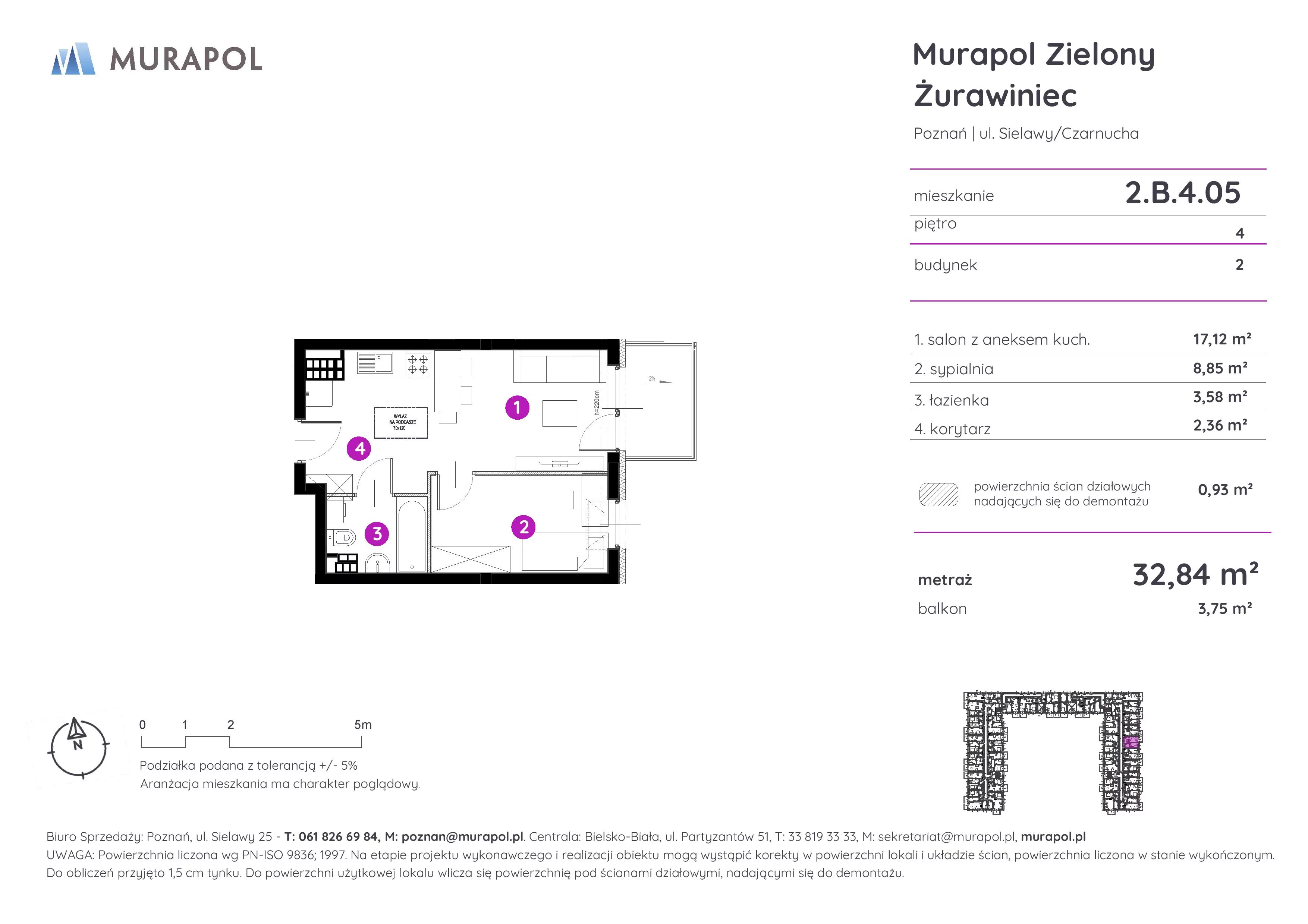 Mieszkanie 32,59 m², piętro 4, oferta nr 2.B.4.05, Murapol Zielony Żurawiniec - Gotowe mieszkania, Poznań, Naramowice, ul. Sielawy