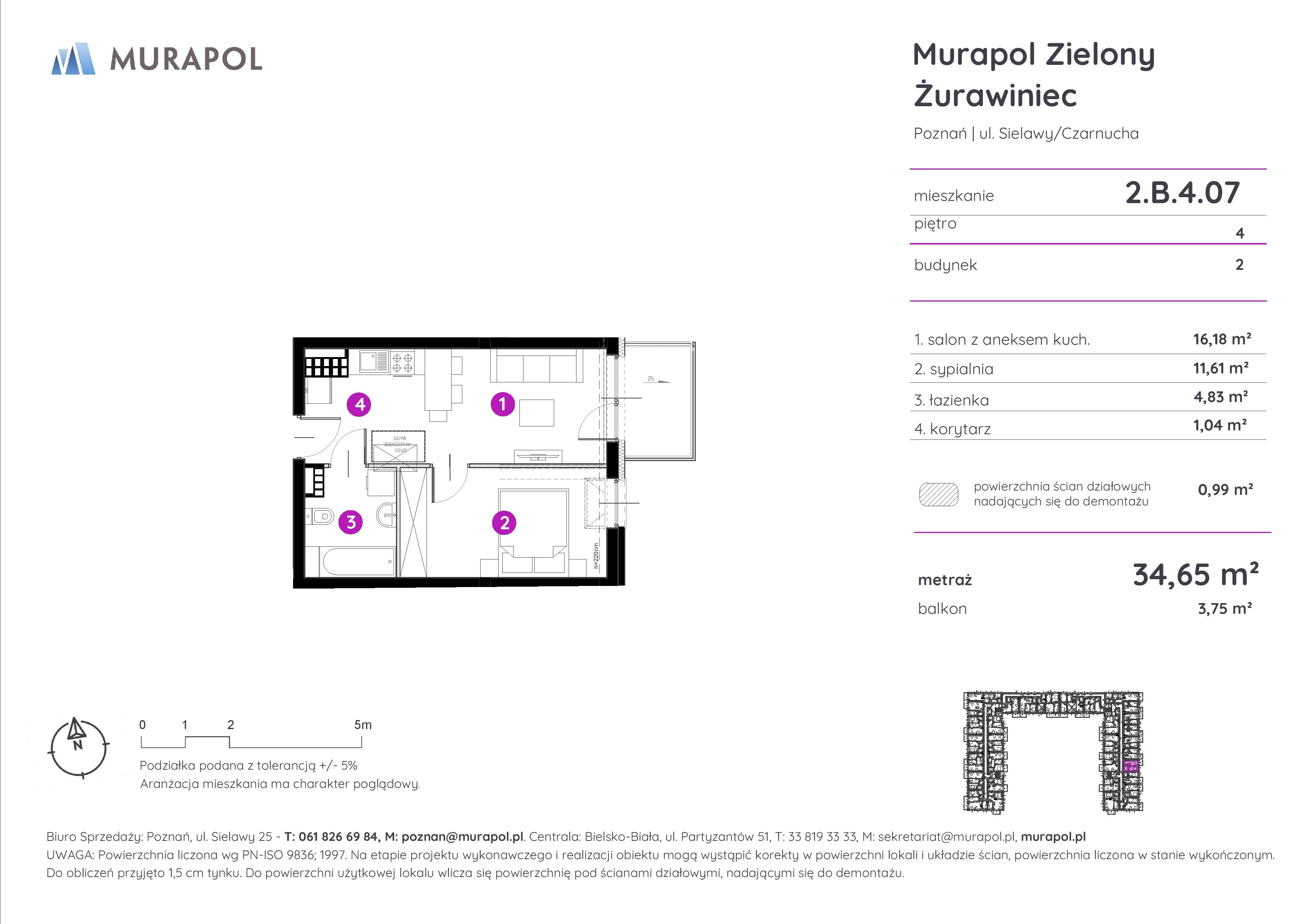 Mieszkanie 34,65 m², piętro 4, oferta nr 2.B.4.07, Murapol Zielony Żurawiniec, Poznań, Naramowice, ul. Sielawy
