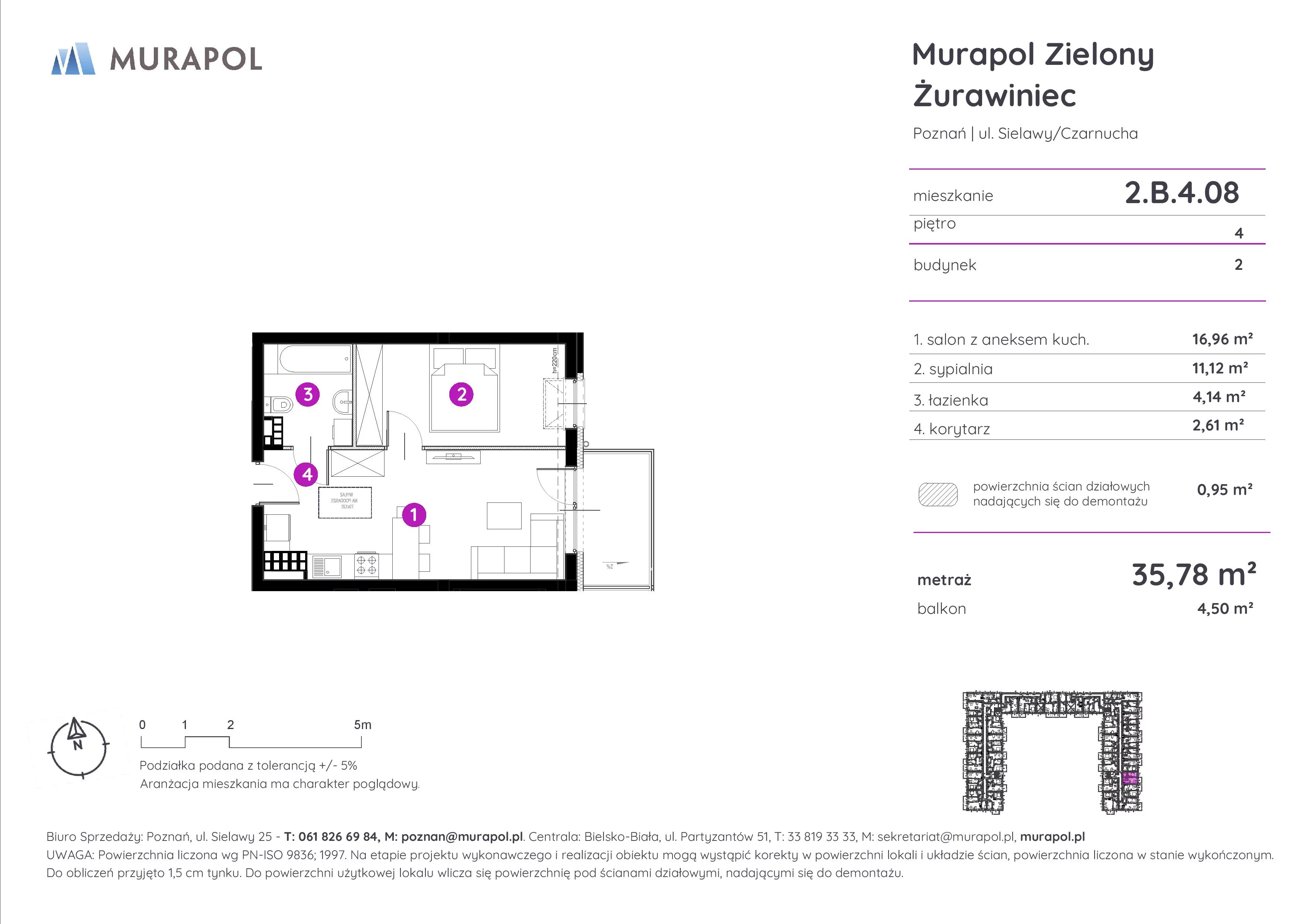 Mieszkanie 35,78 m², piętro 4, oferta nr 2.B.4.08, Murapol Zielony Żurawiniec, Poznań, Naramowice, ul. Sielawy