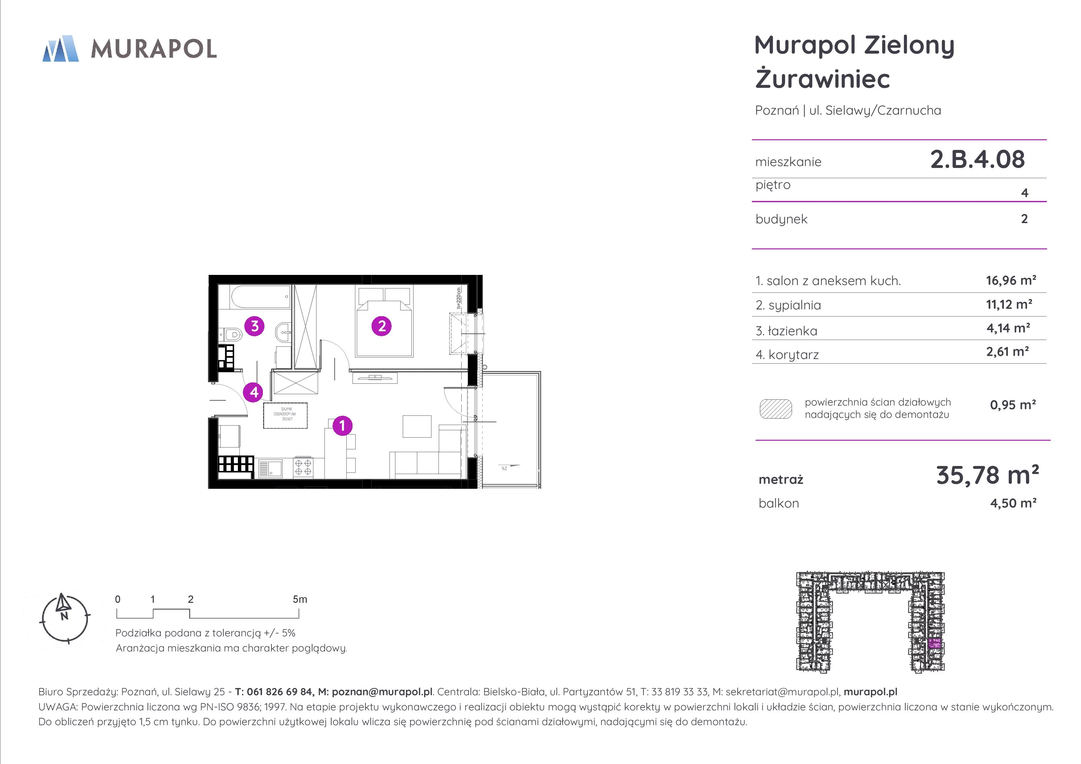 Mieszkanie 35,49 m², piętro 4, oferta nr 2.B.4.08, Murapol Zielony Żurawiniec - Gotowe mieszkania, Poznań, Naramowice, ul. Sielawy