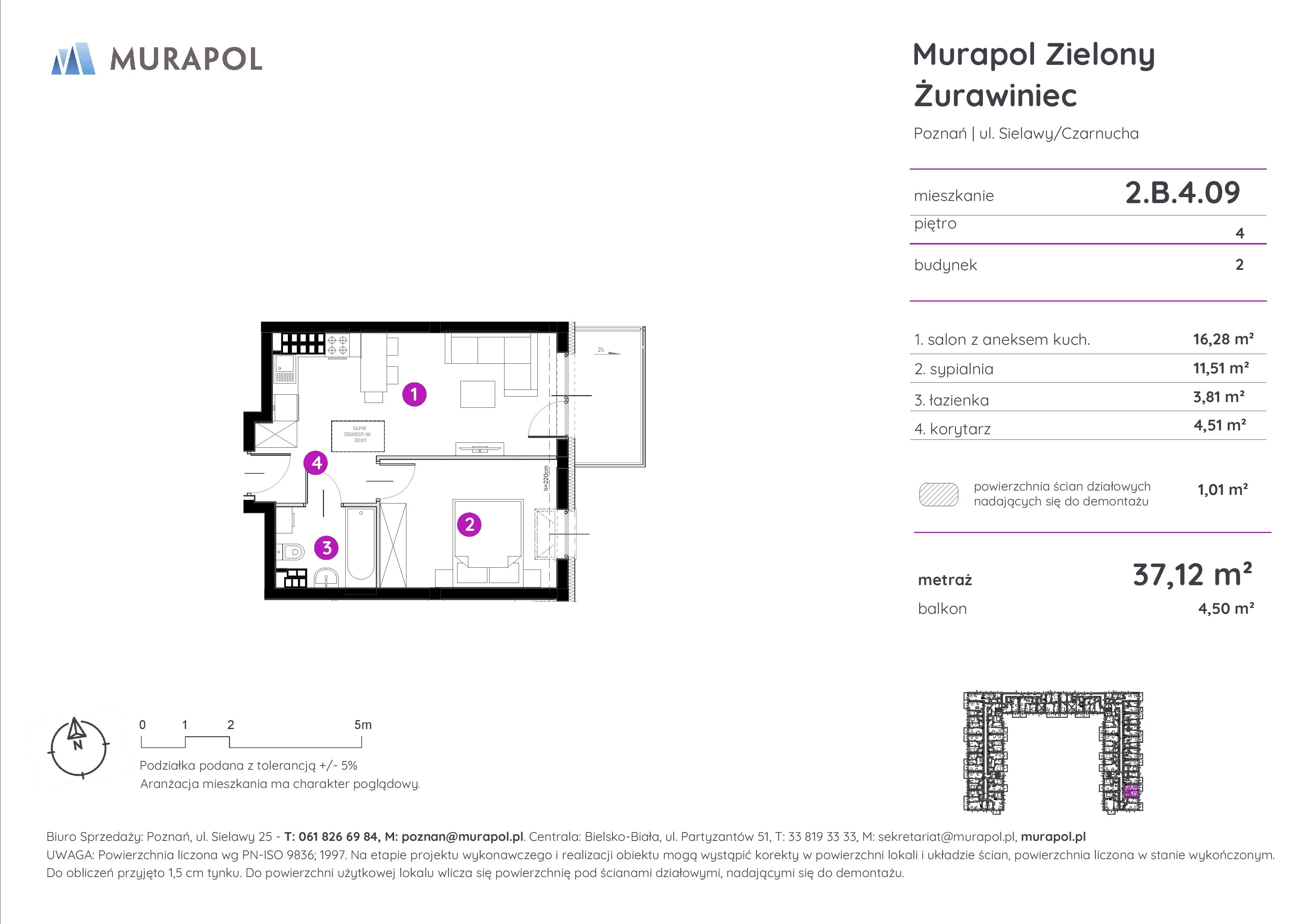 Mieszkanie 37,12 m², piętro 4, oferta nr 2.B.4.09, Murapol Zielony Żurawiniec, Poznań, Naramowice, ul. Sielawy