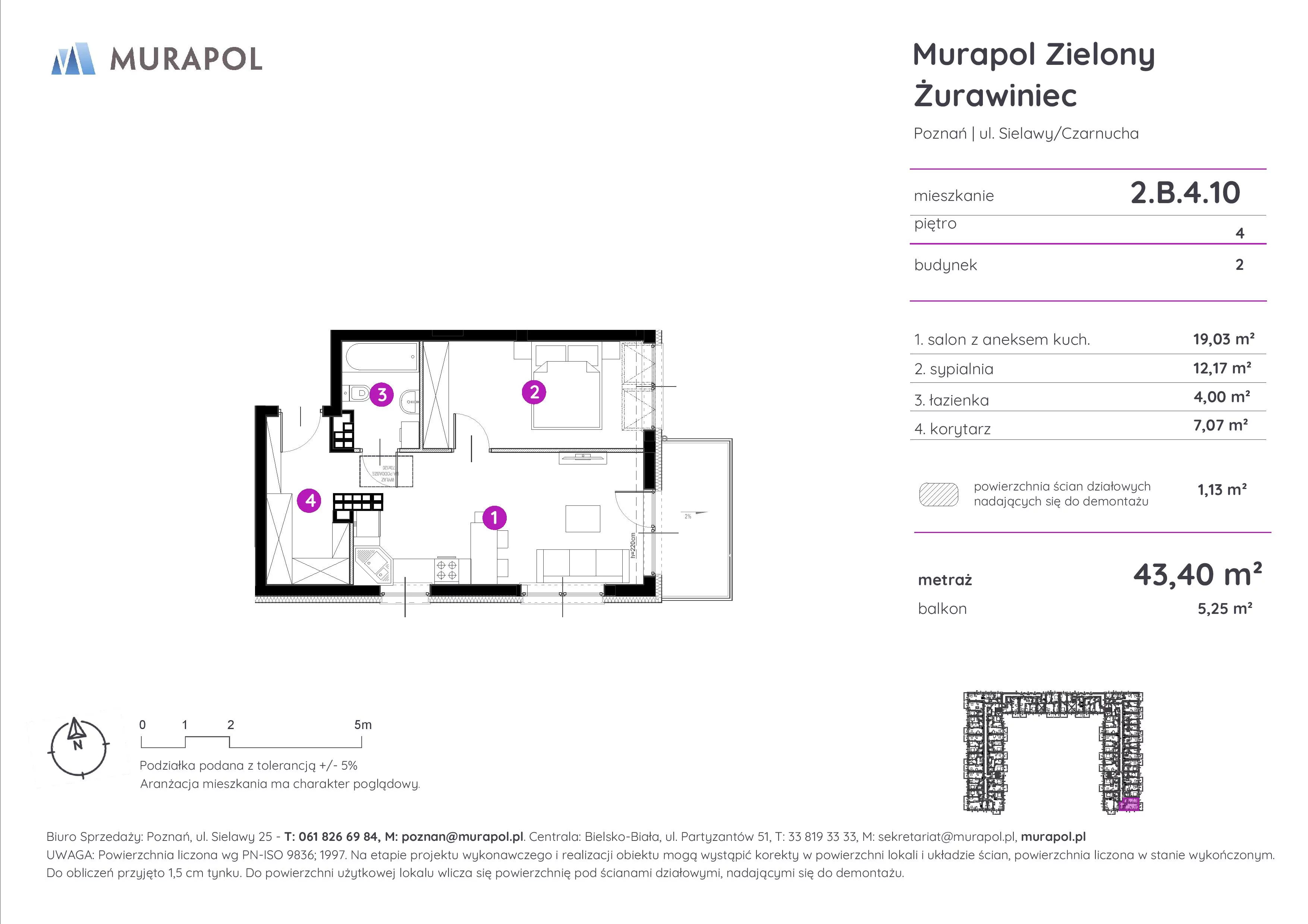 Mieszkanie 43,40 m², piętro 4, oferta nr 2.B.4.10, Murapol Zielony Żurawiniec, Poznań, Naramowice, ul. Sielawy