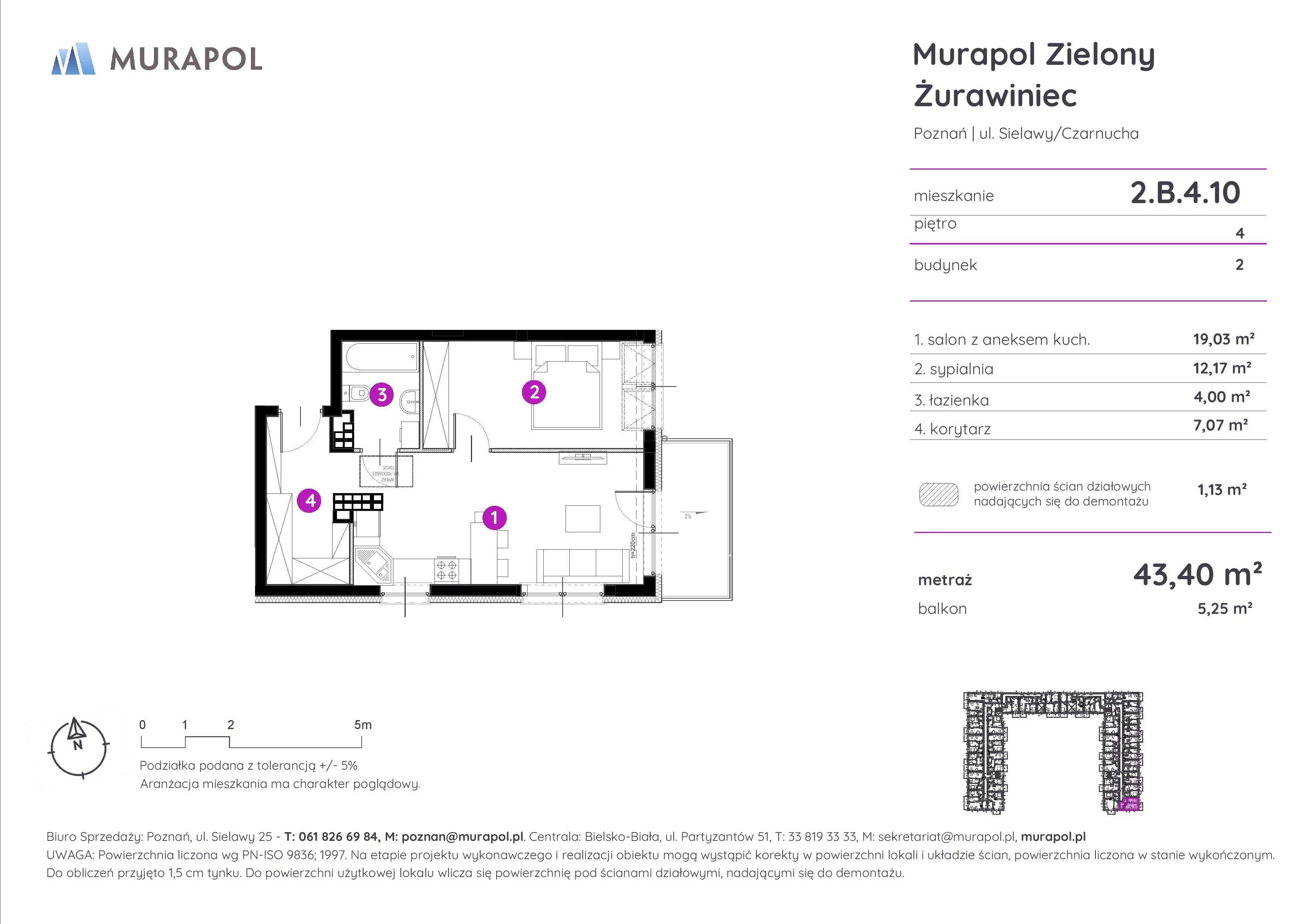 Mieszkanie 43,26 m², piętro 4, oferta nr 2.B.4.10, Murapol Zielony Żurawiniec - Gotowe mieszkania, Poznań, Naramowice, ul. Sielawy